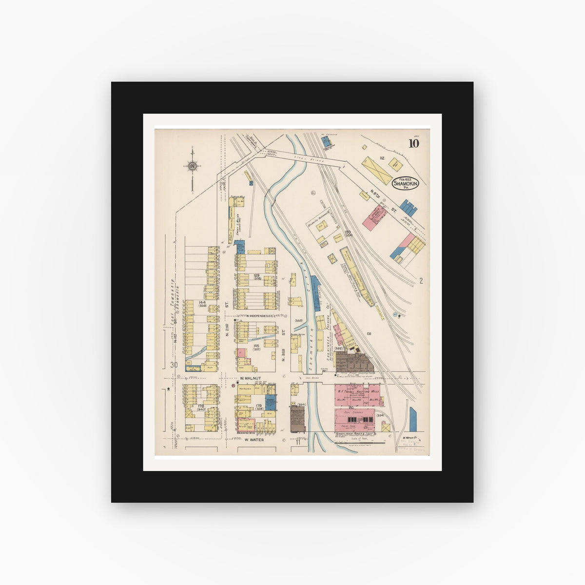 Old map wall art mockup — black gallery frame with white mat — Sanborn Fire Insurance Map from Shamokin, Northumberland County, Pennsylvania (1922), Sheet #0010