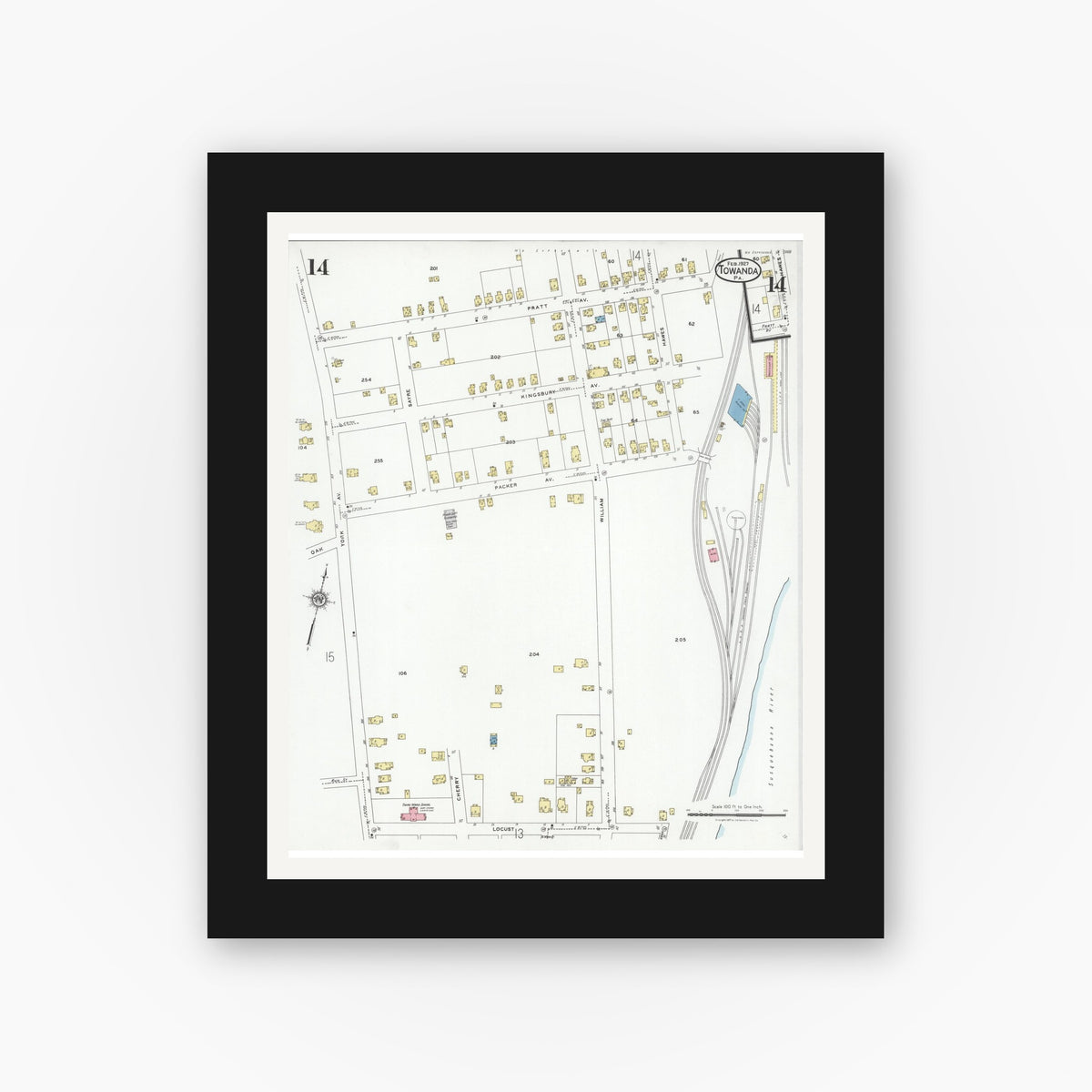 Old map wall art mockup — black gallery frame with white mat — Sanborn Fire Insurance Map from Towanda, Bradford County, Pennsylvania (1927), Sheet #0014