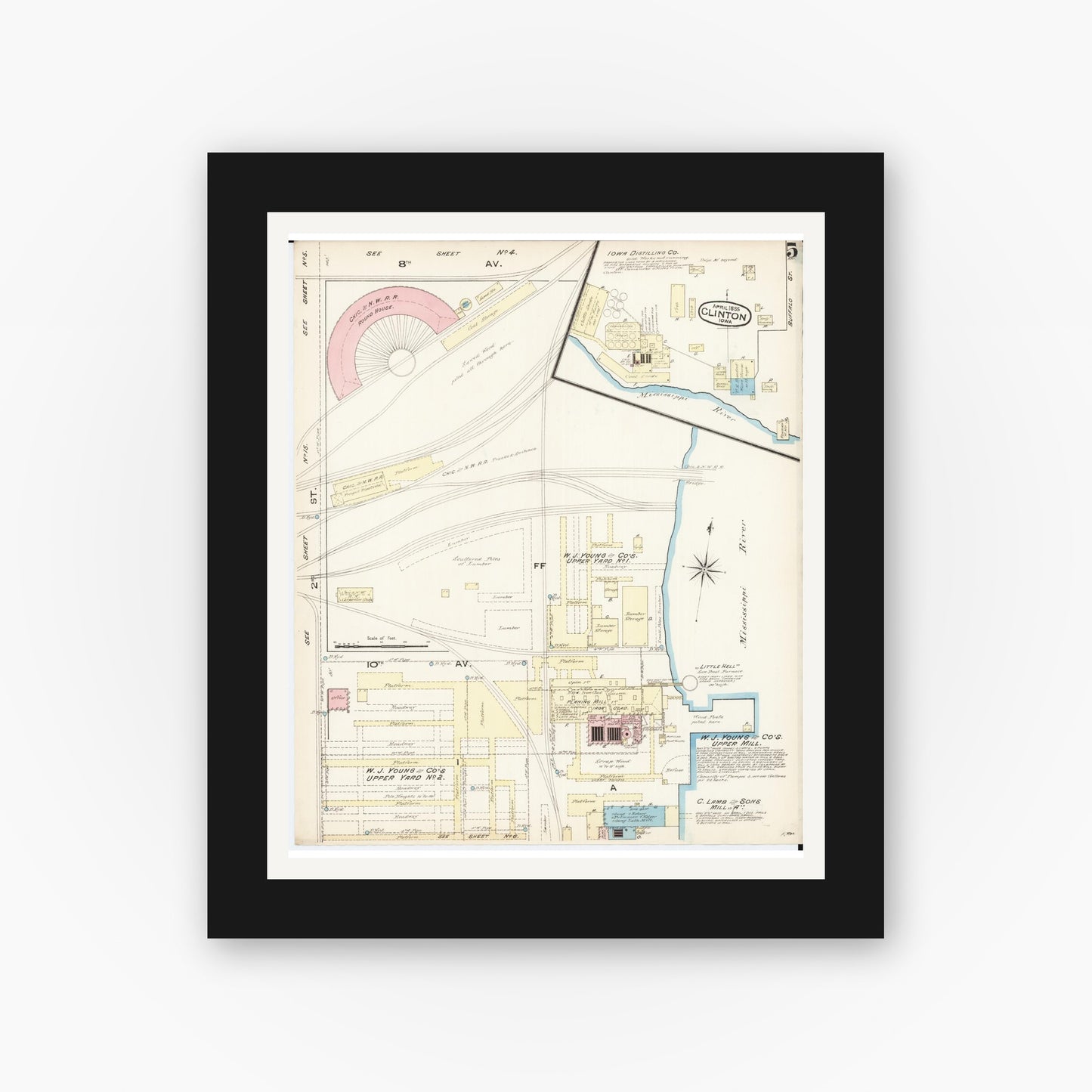 Old map wall art mockup β black gallery frame with white mat β Sanborn Fire Insurance Map from Clinton, Clinton County, Iowa (1885), Sheet #0005