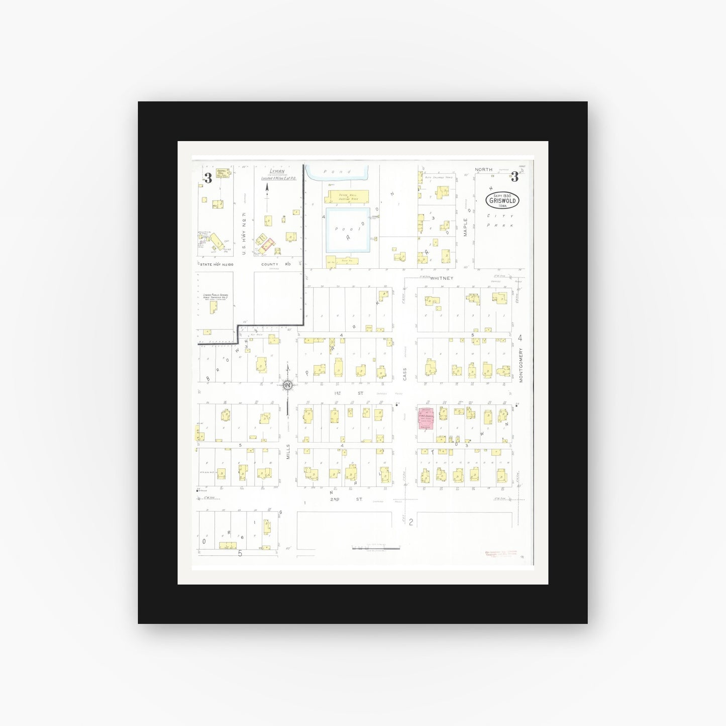 Old map wall art mockup — black gallery frame with white mat — Sanborn Fire Insurance Map from Griswold, Cass County, Iowa (1930), Sheet #0003