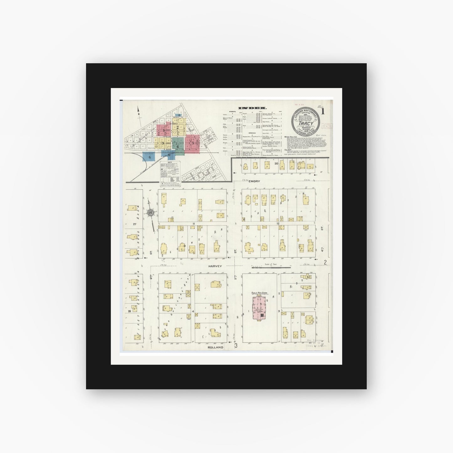 Old map wall art mockup — black gallery frame with white mat — Sanborn Fire Insurance Map from Tracy, Lyon County, Minnesota (1909) - Complete Map Set