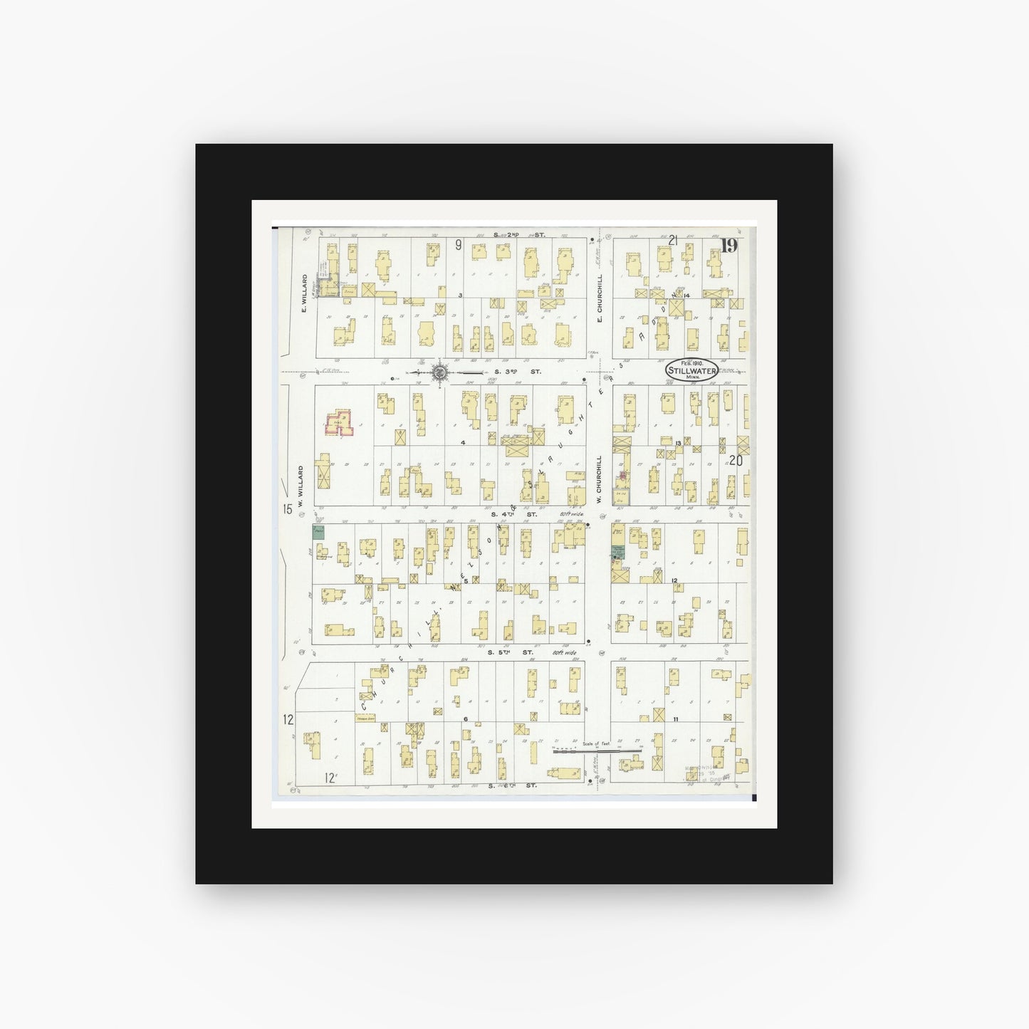 Old map wall art mockup — black gallery frame with white mat — Sanborn Fire Insurance Map from Stillwater, Washington County, Minnesota (1910), Sheet #0019