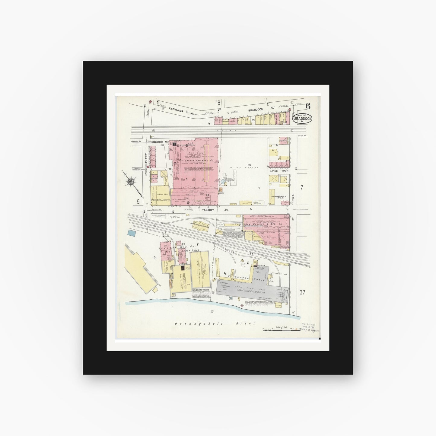 Old map wall art mockup — black gallery frame with white mat — Sanborn Fire Insurance Map from Braddock, Allegheny County, Pennsylvania (1914), Sheet #0006