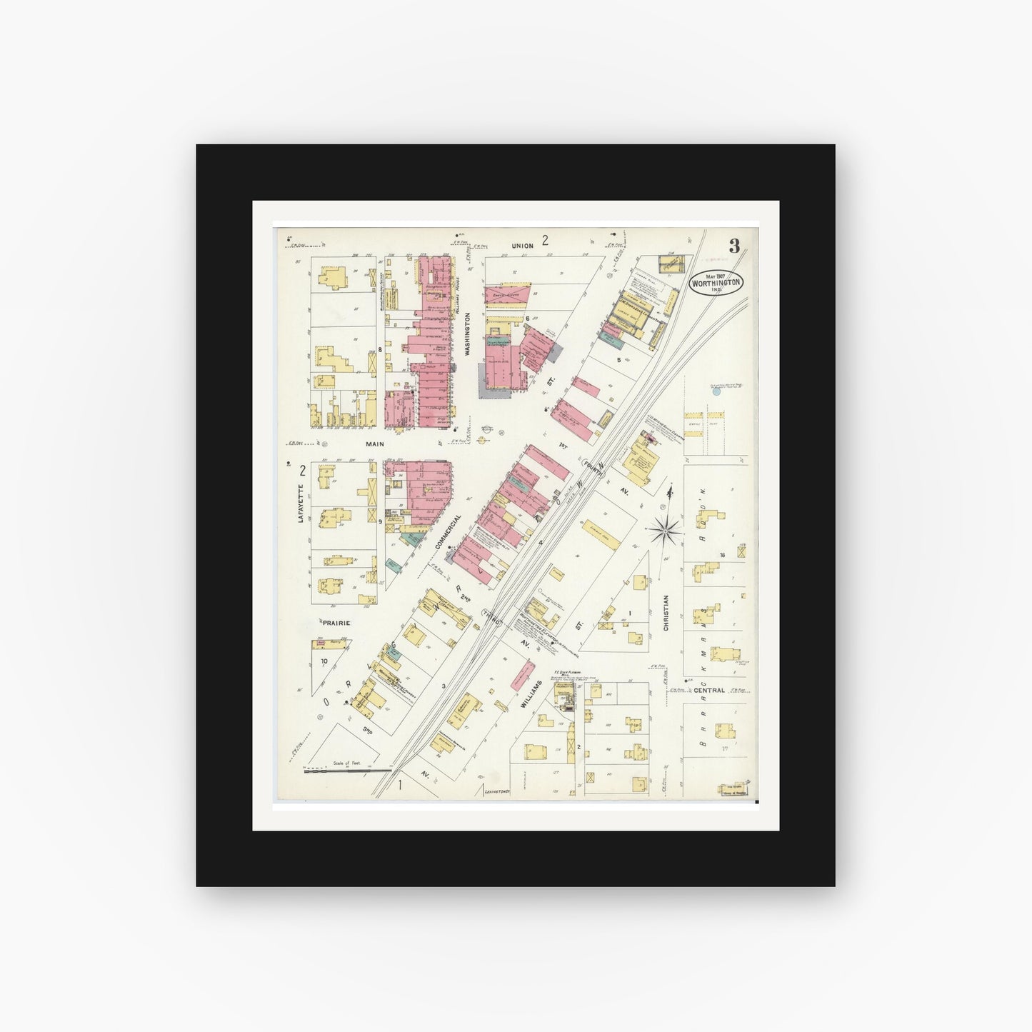 Old map wall art mockup — black gallery frame with white mat — Sanborn Fire Insurance Map from Worthington, Greene County, Indiana (1907), Sheet #0003