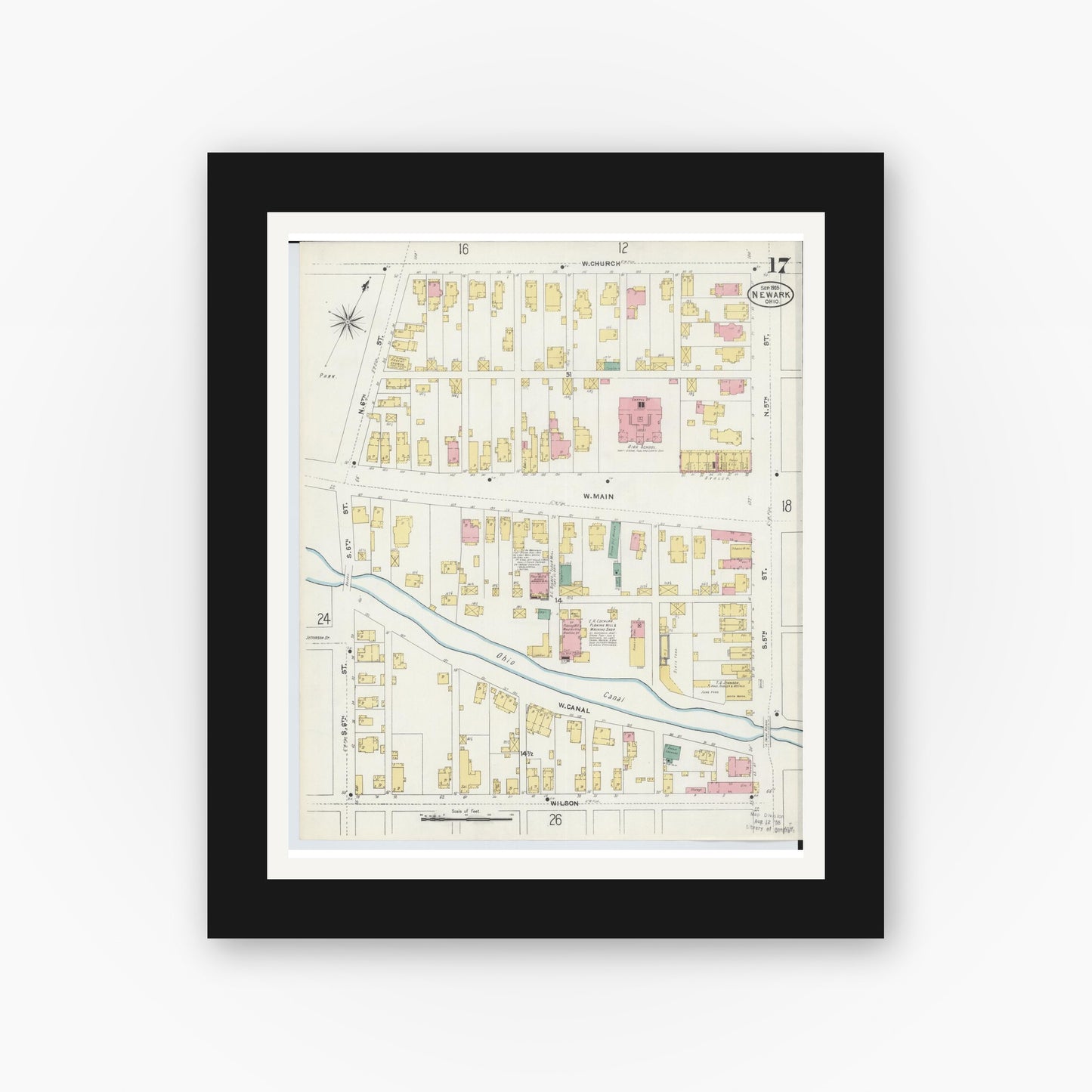 Old map wall art mockup — black gallery frame with white mat — Sanborn Fire Insurance Map from Newark, Licking County, Ohio (1905), Sheet #0017