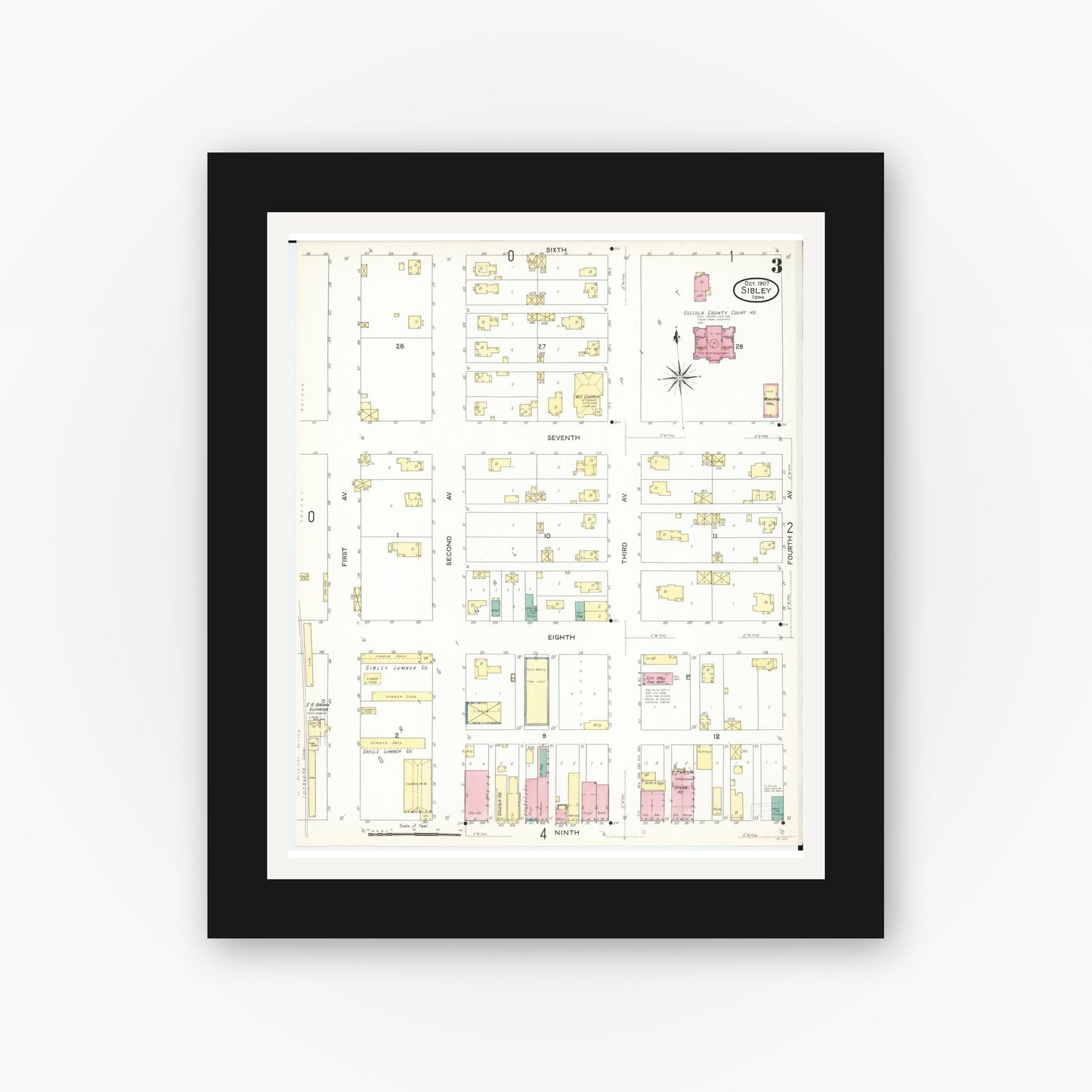 Old map wall art mockup β black gallery frame with white mat β Sanborn Fire Insurance Map from Sibley, Osceola County, Iowa (1907), Sheet #0003