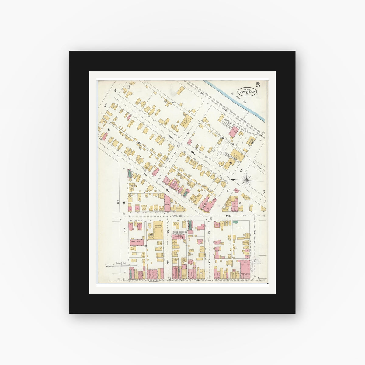Old map wall art mockup β black gallery frame with white mat β Sanborn Fire Insurance Map from Beaver Falls, Beaver County, Pennsylvania (1907), Sheet #0005