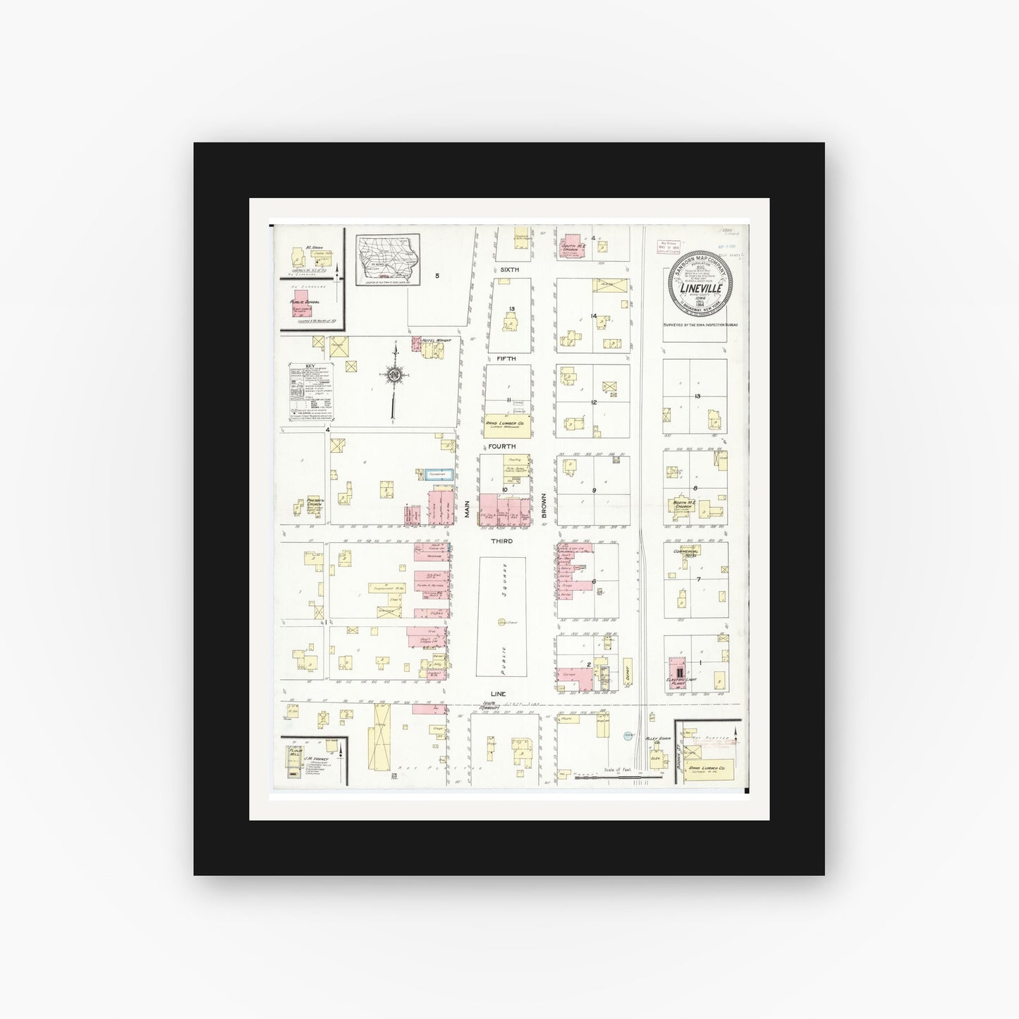 Old map wall art mockup — black gallery frame with white mat — Sanborn Fire Insurance Map from Lineville, Wayne County, Iowa (1914), Sheet #0001