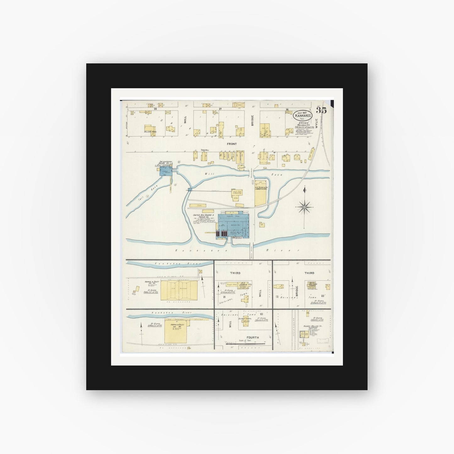 Old map wall art mockup — black gallery frame with white mat — Sanborn Fire Insurance Map from Kankakee, Kankakee County, Illinois (1907), Sheet #0035
