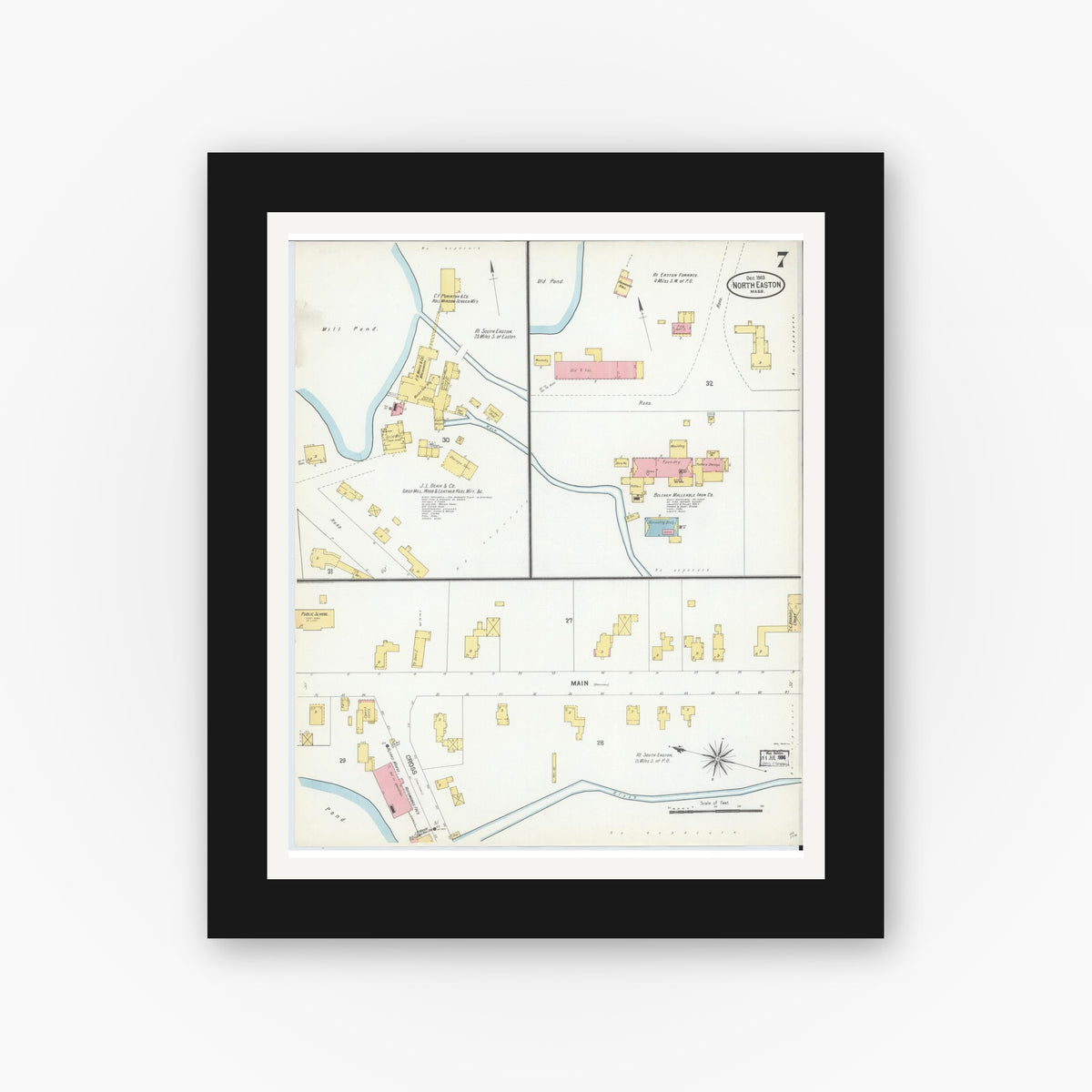 Old map wall art mockup — black gallery frame with white mat — Sanborn Fire Insurance Map from North Easton, Bristol County, Massachusetts (1903), Sheet #0007