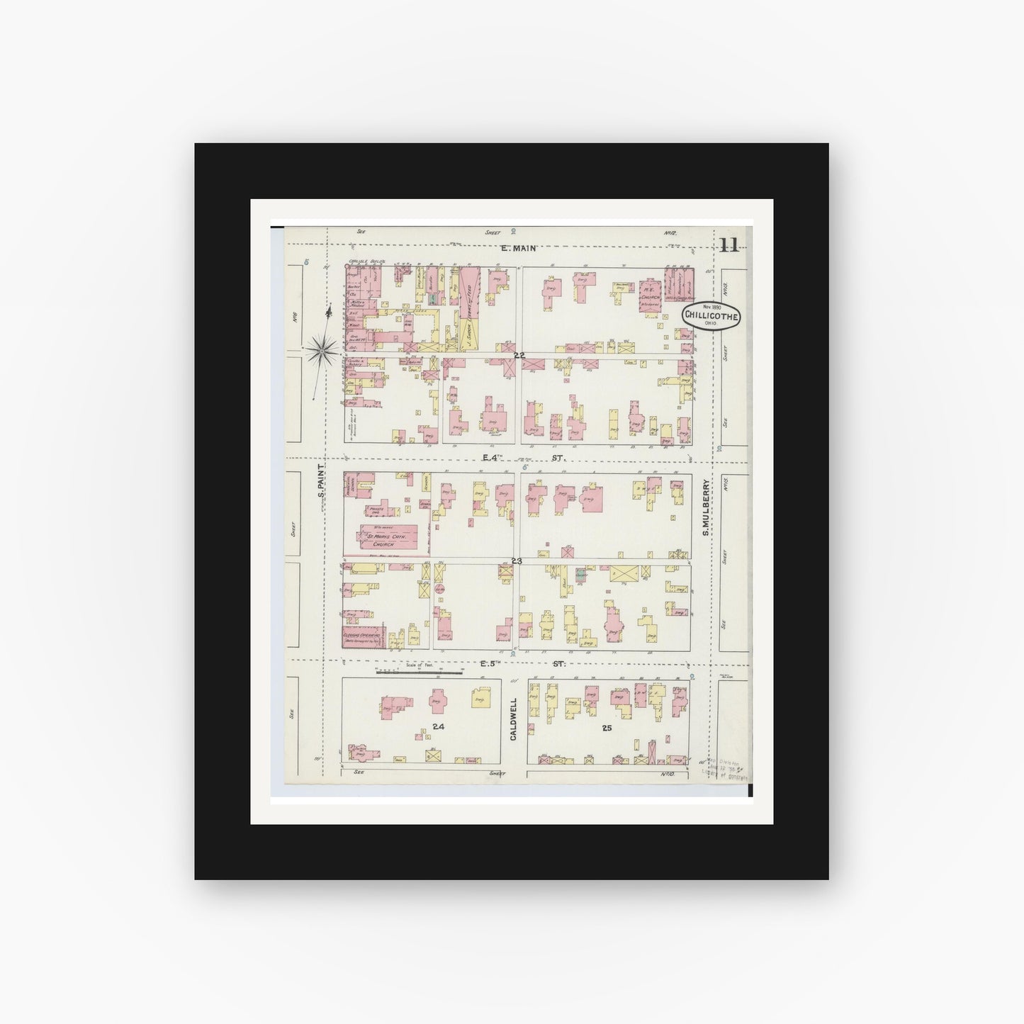 Old map wall art mockup — black gallery frame with white mat — Sanborn Fire Insurance Map from Chillicothe, Ross County, Ohio (1890), Sheet #0011