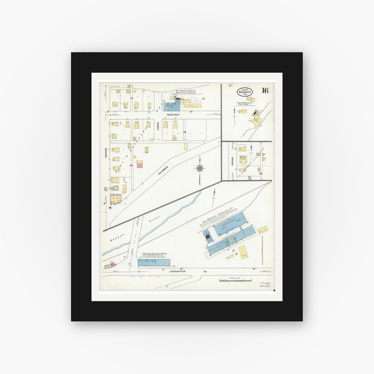 Old map wall art mockup — black gallery frame with white mat — Sanborn Fire Insurance Map from Wabash, Wabash County, Indiana (1910), Sheet #0016