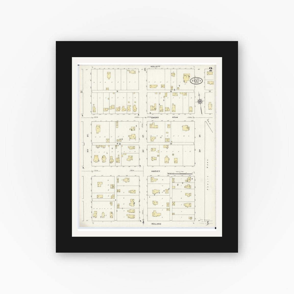Old map wall art mockup — black gallery frame with white mat — Sanborn Fire Insurance Map from Tracy, Lyon County, Minnesota (1909), Sheet #0002