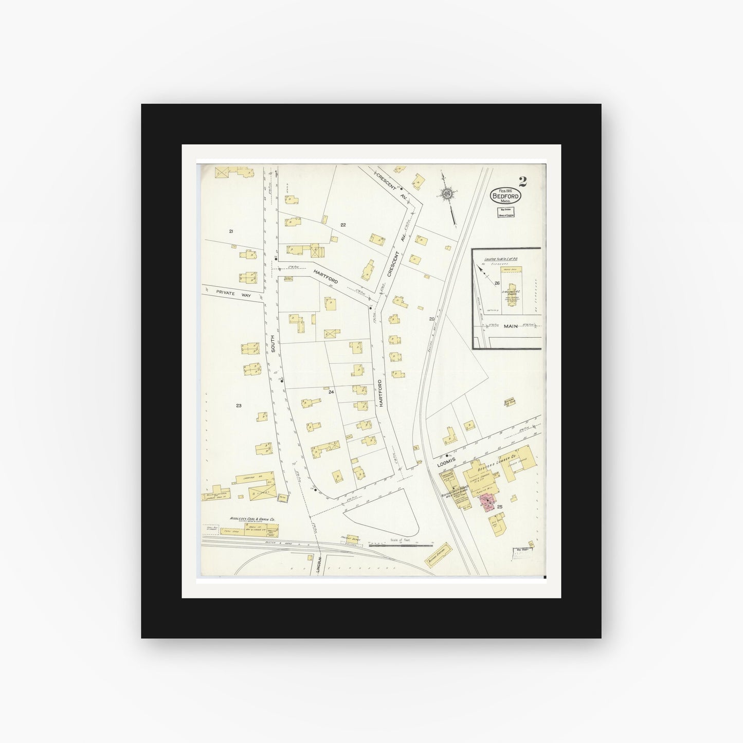 Old map wall art mockup — black gallery frame with white mat — Sanborn Fire Insurance Map from Bedford, Middlesex County, Massachusetts (1916), Sheet #0002