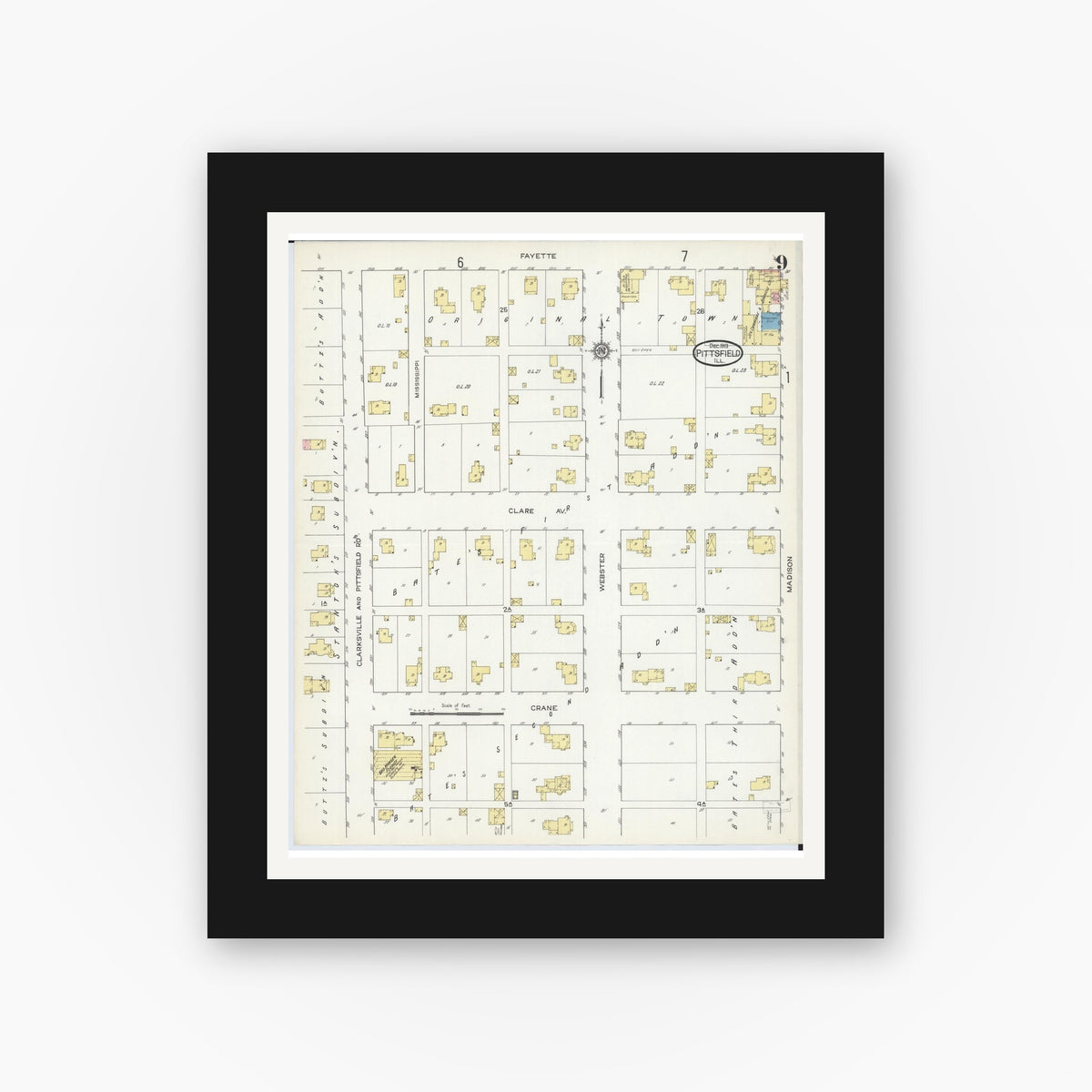 Old map wall art mockup — black gallery frame with white mat — Sanborn Fire Insurance Map from Pittsfield, Pike County, Illinois (1913), Sheet #0009