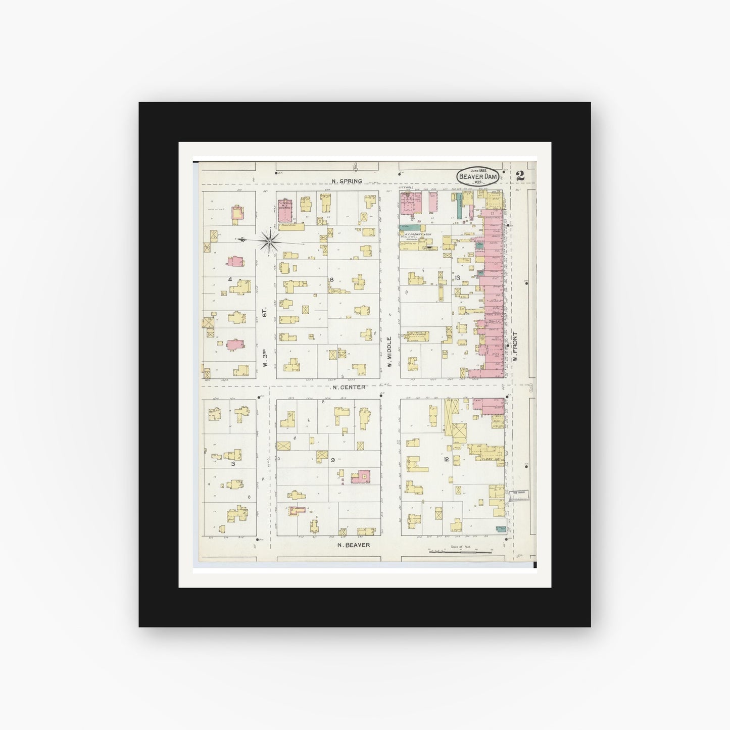 Old map wall art mockup — black gallery frame with white mat — Sanborn Fire Insurance Map from Beaver Dam, Dodge County, Wisconsin (1892), Sheet #0002