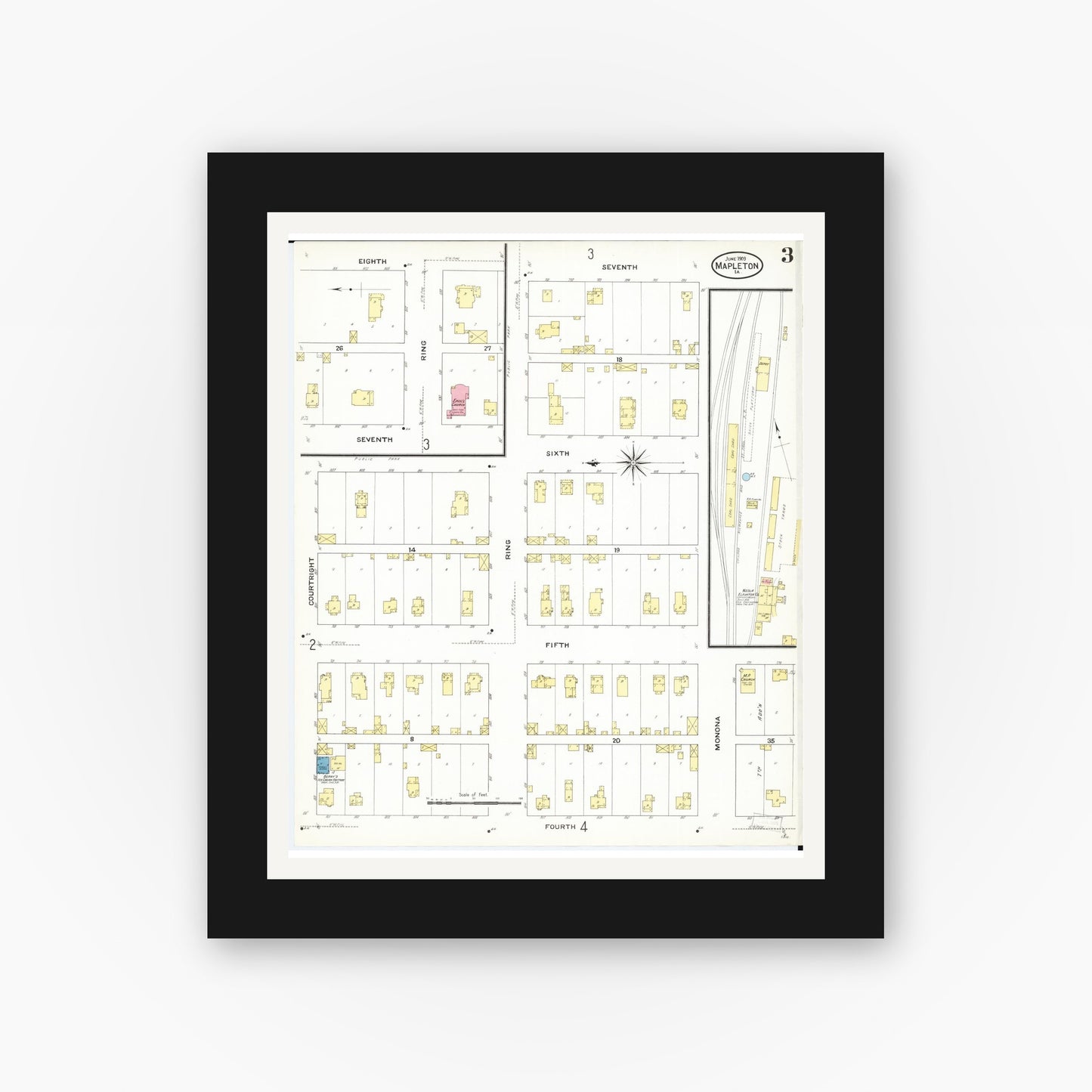 Old map wall art mockup — black gallery frame with white mat — Sanborn Fire Insurance Map from Mapleton, Monona County, Iowa (1909), Sheet #0003