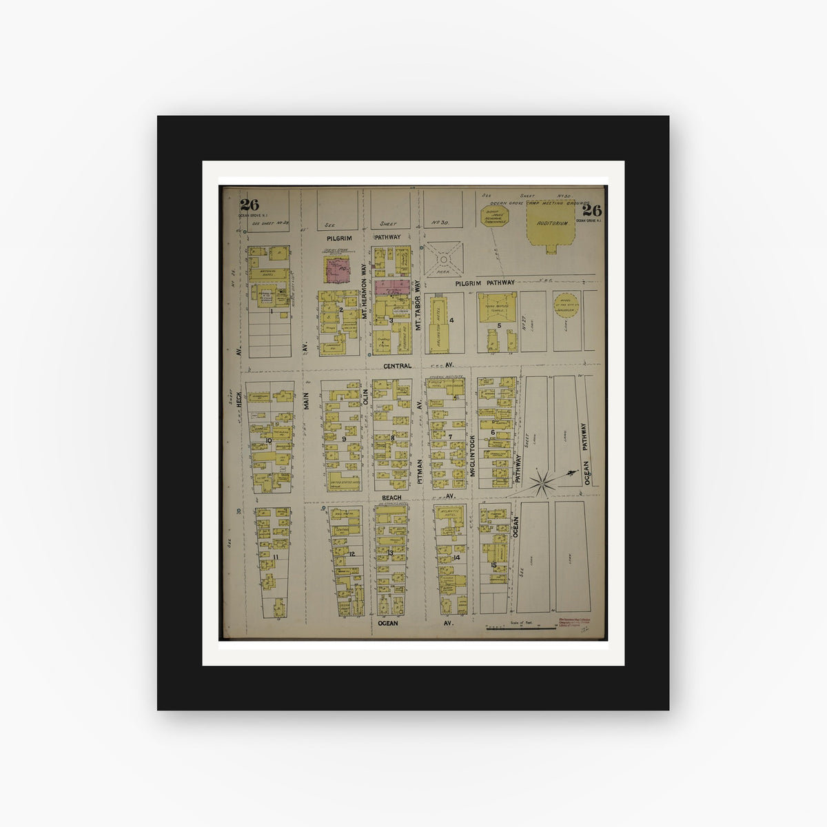 Old map wall art mockup — black gallery frame with white mat — Sanborn Fire Insurance Map from New Jersey Coast, New Jersey Coast, New Jersey (1890), Sheet #0026
