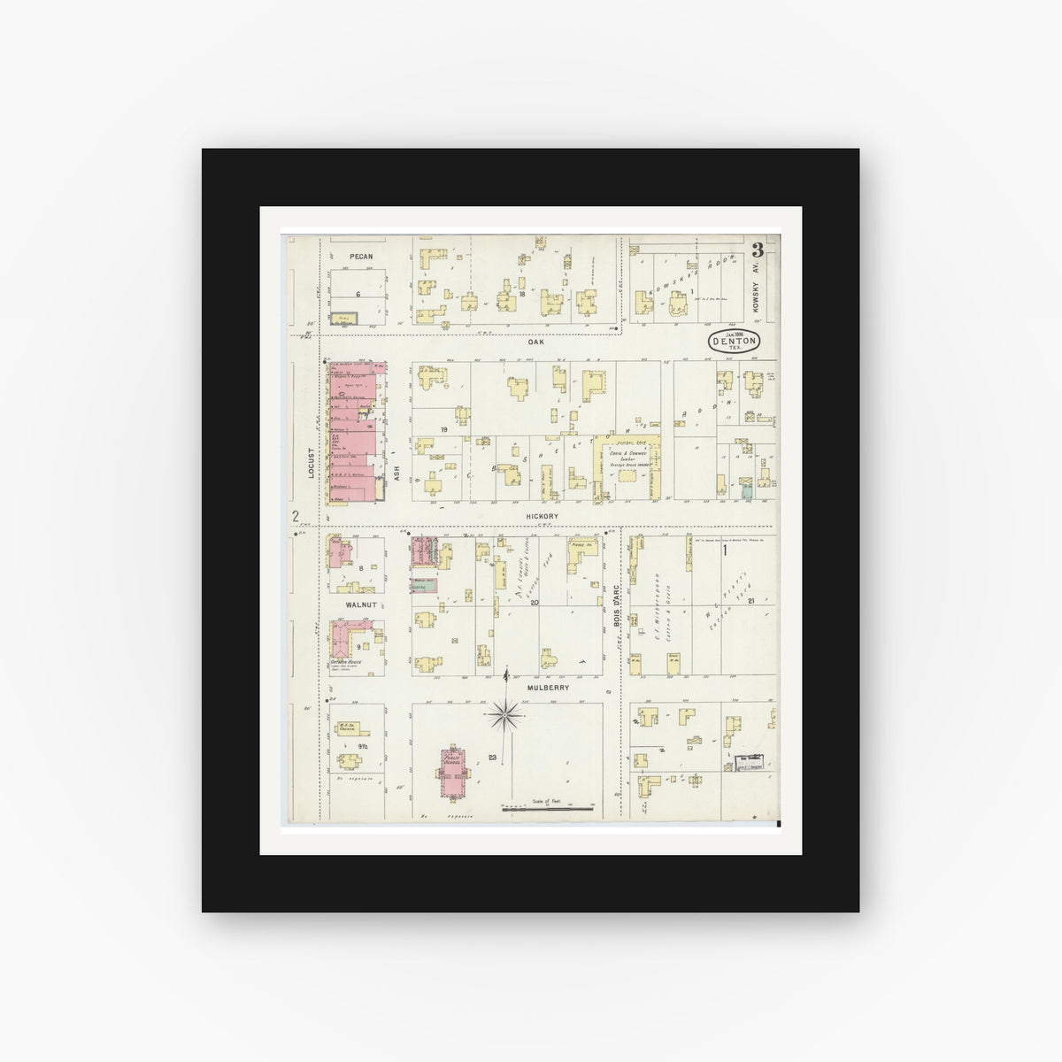 Old map wall art mockup — black gallery frame with white mat — Sanborn Fire Insurance Map from Denton, Denton County, Texas (1896), Sheet #0003