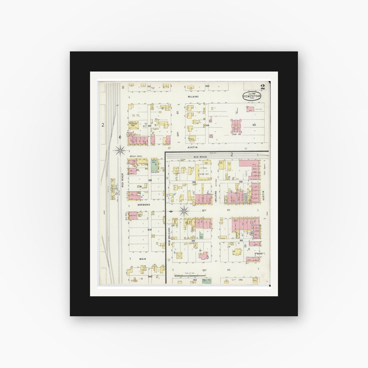 Old map wall art mockup — black gallery frame with white mat — Sanborn Fire Insurance Map from Hempstead, Waller County, Texas (1896), Sheet #0002