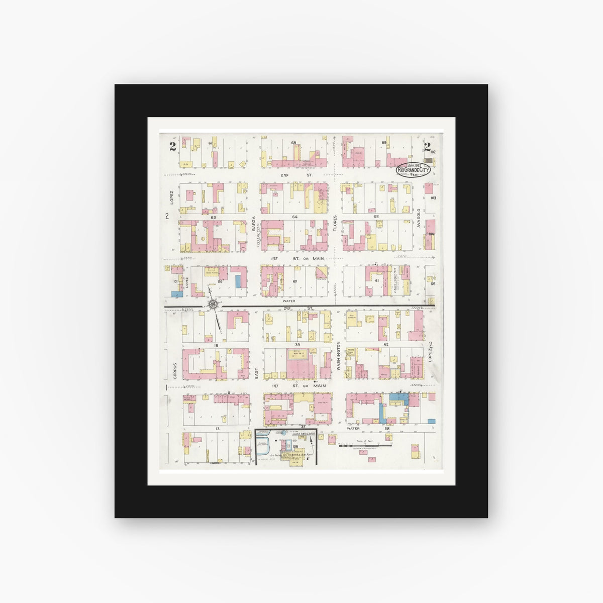 Old map wall art mockup — black gallery frame with white mat — Sanborn Fire Insurance Map from Rio Grande City, Starr County, Texas (1925), Sheet #0002