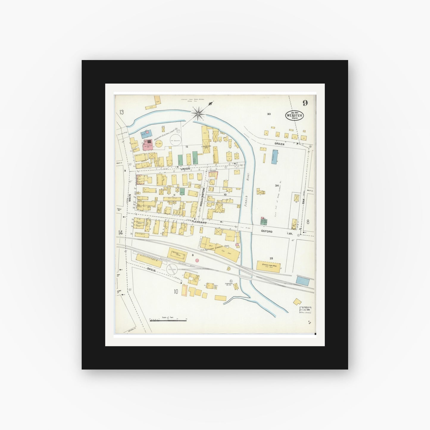 Old map wall art mockup — black gallery frame with white mat — Sanborn Fire Insurance Map from Webster, Worcester County, Massachusetts (1904), Sheet #0009