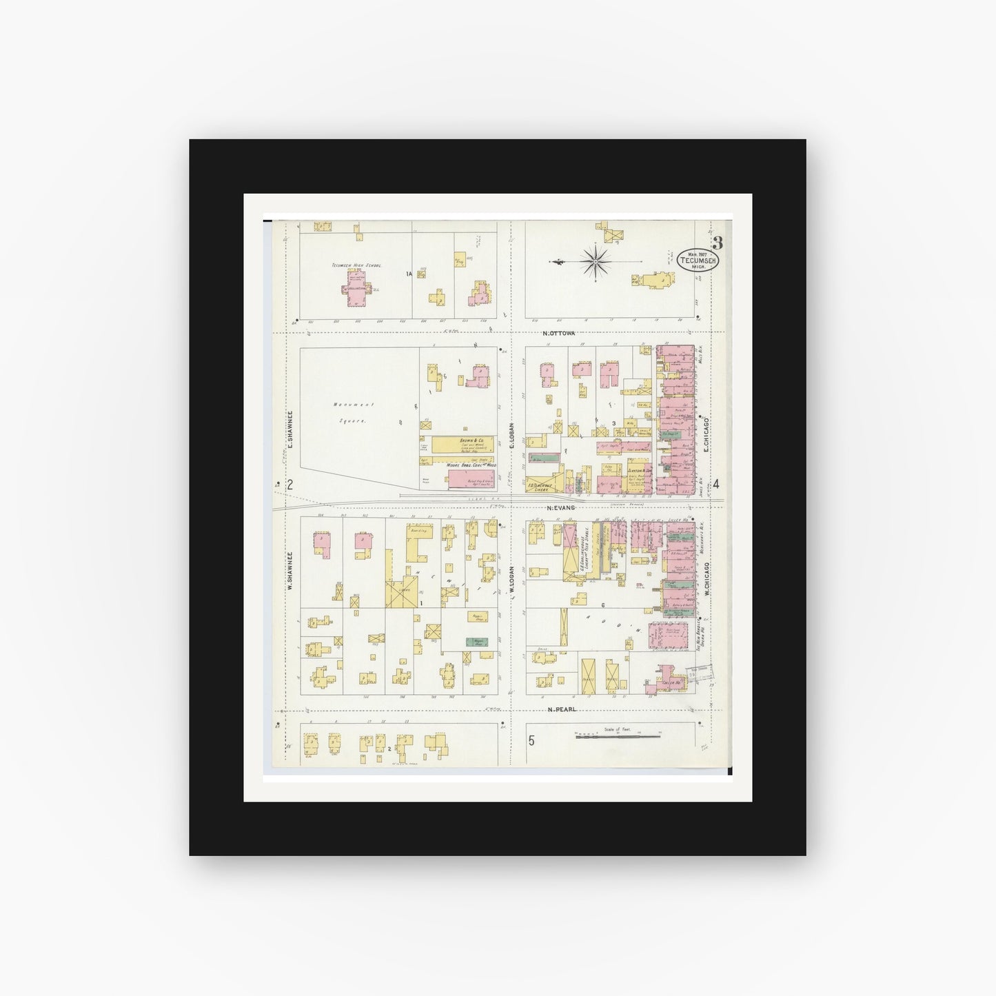 Old map wall art mockup — black gallery frame with white mat — Sanborn Fire Insurance Map from Tecumseh, Lenawee County, Michigan (1907), Sheet #0003