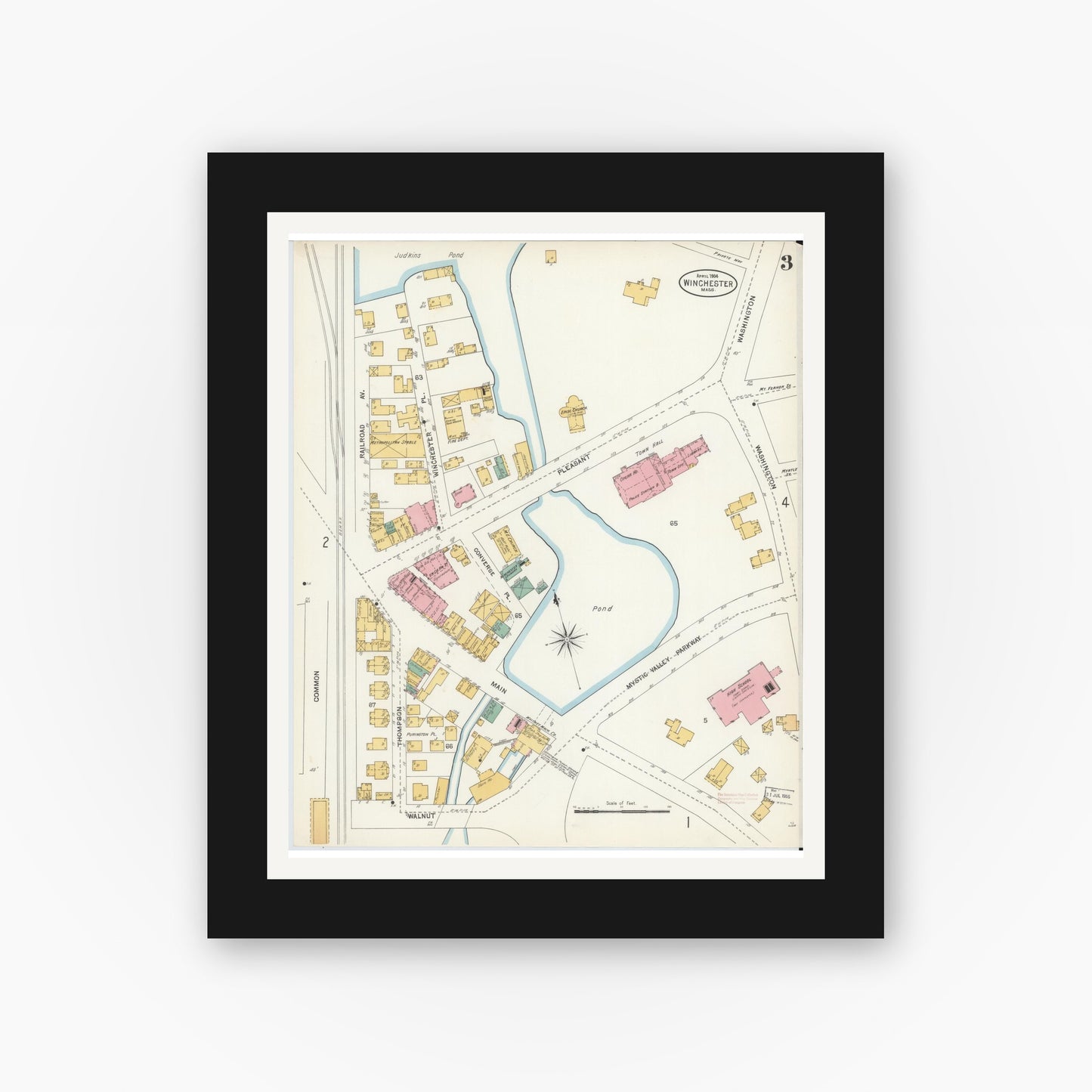 Old map wall art mockup — black gallery frame with white mat — Sanborn Fire Insurance Map from Winchester, Middlesex County, Massachusetts (1904), Sheet #0003