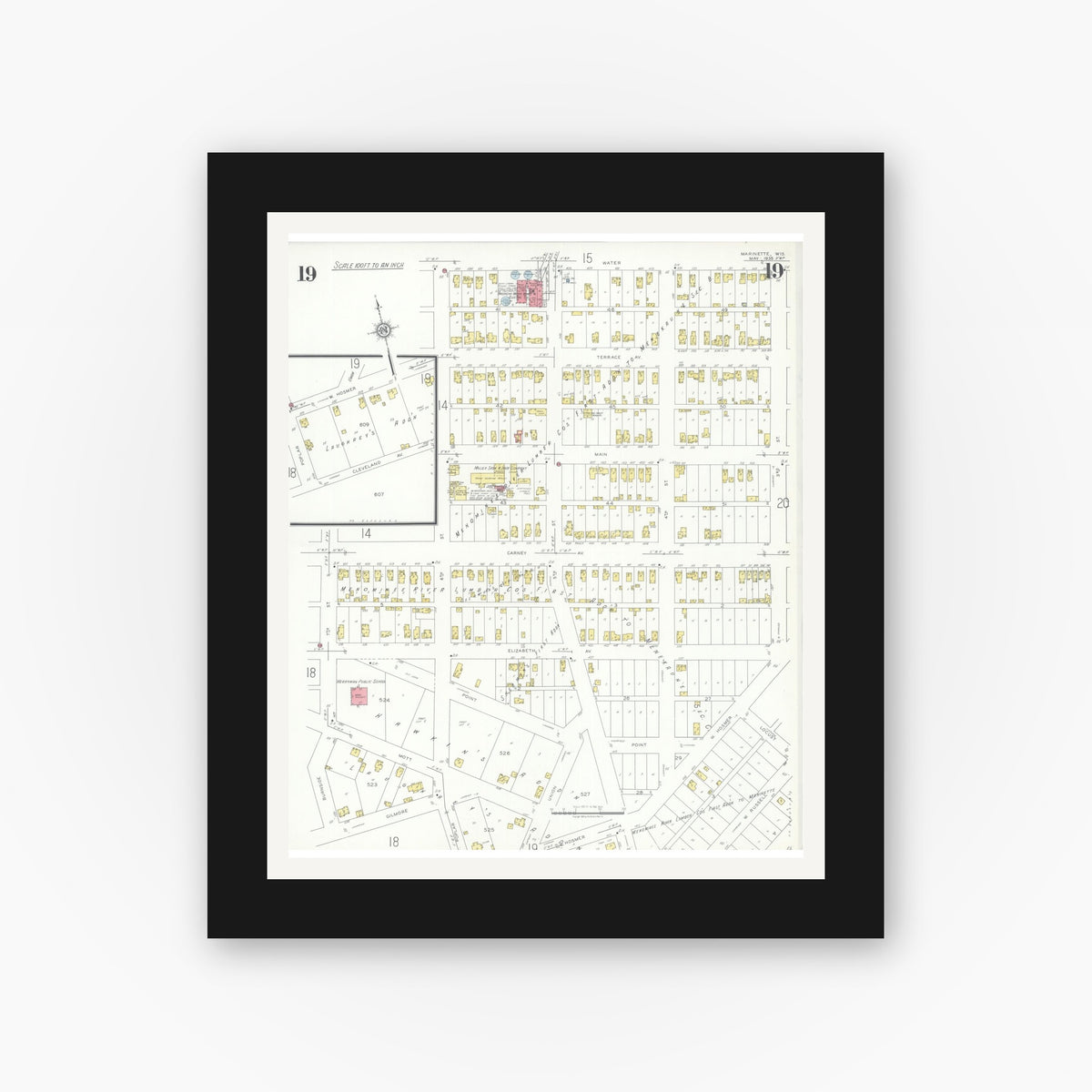 Old map wall art mockup — black gallery frame with white mat — Sanborn Fire Insurance Map from Marinette, Marinette County, Wisconsin (1935), Sheet #0019