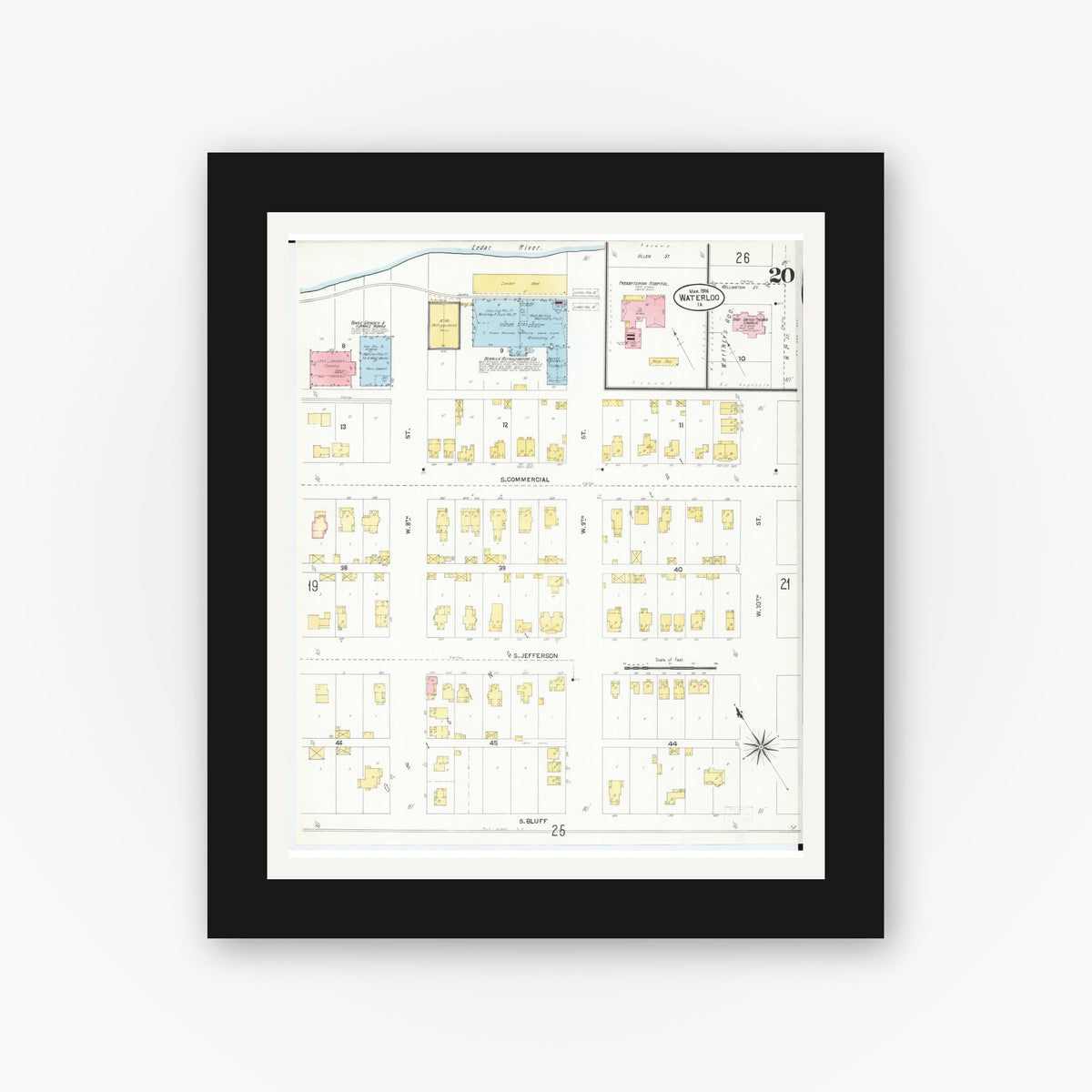 Old map wall art mockup — black gallery frame with white mat — Sanborn Fire Insurance Map from Waterloo, Black Hawk County, Iowa (1906), Sheet #0020