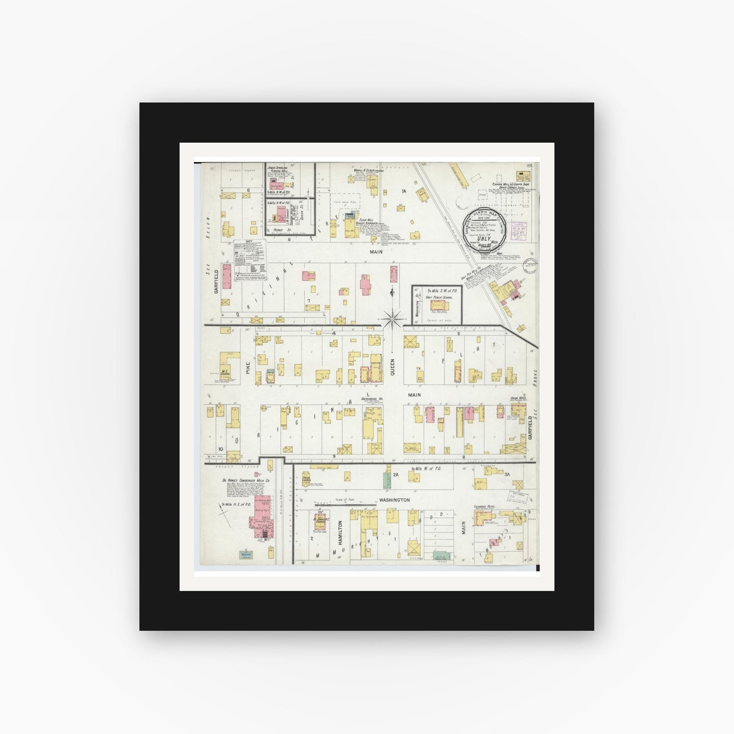 Old map wall art mockup — black gallery frame with white mat — Sanborn Fire Insurance Map from Ubly, Huron County, Michigan (1901), Sheet #0001