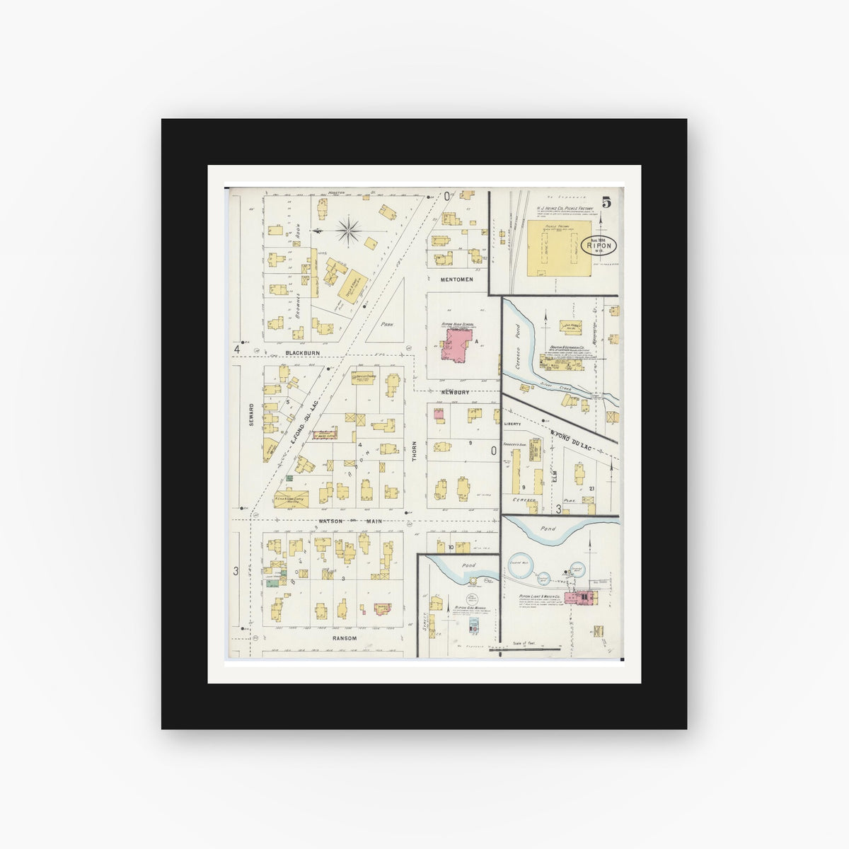 Old map wall art mockup — black gallery frame with white mat — Sanborn Fire Insurance Map from Ripon, Fond du Lac County, Wisconsin (1898), Sheet #0005
