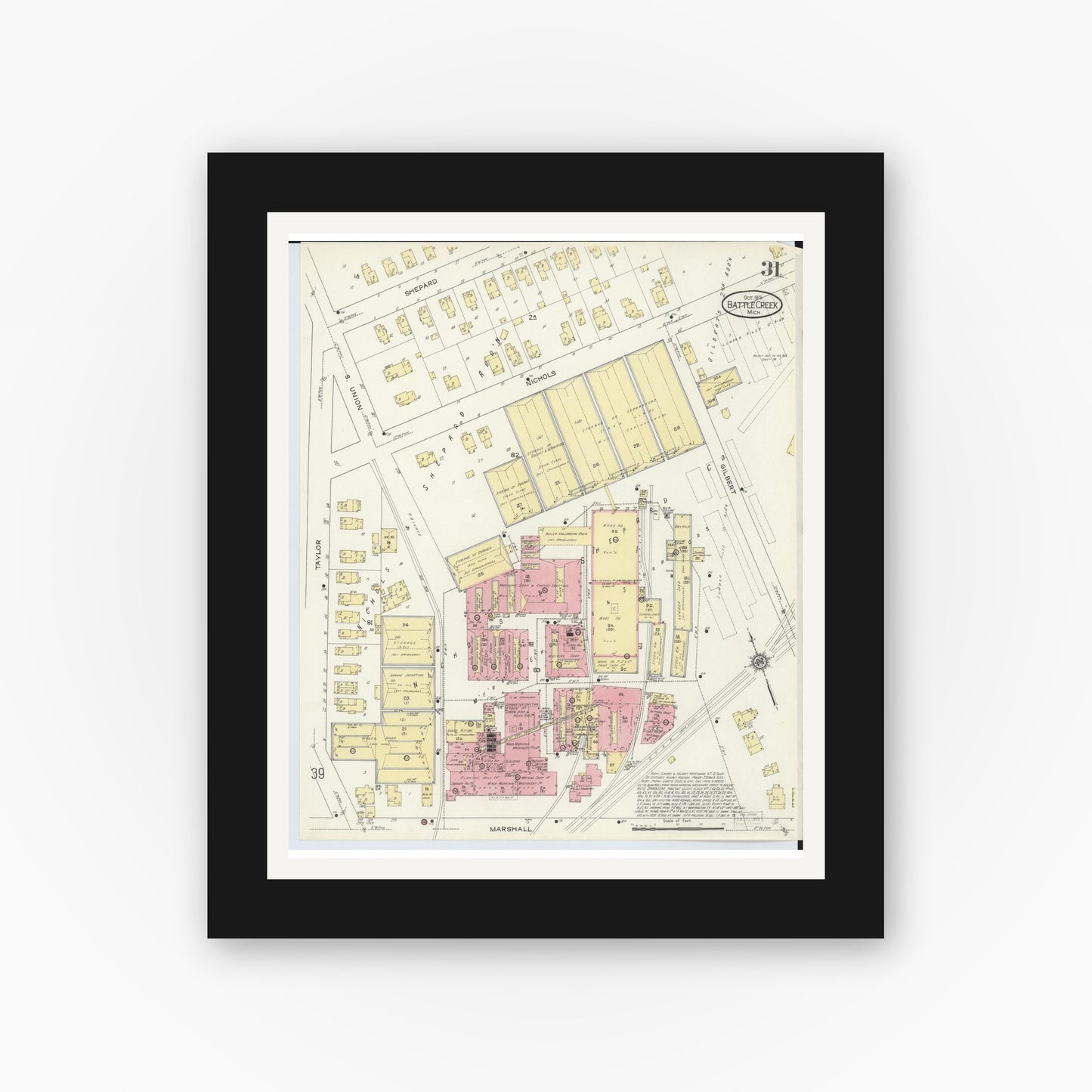 Old map wall art mockup — black gallery frame with white mat — Sanborn Fire Insurance Map from Battle Creek, Calhoun County, Michigan (1913), Sheet #0031