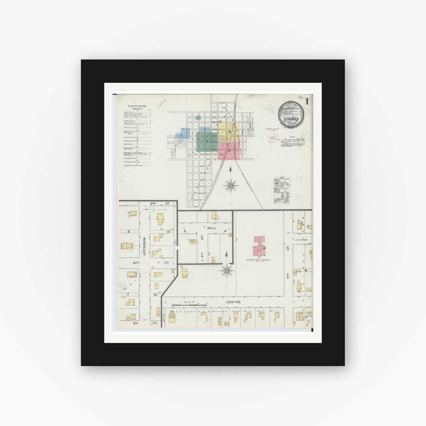 Old map wall art mockup — black gallery frame with white mat — Sanborn Fire Insurance Map from Girard, Macoupin County, Illinois (1894), Sheet #0001