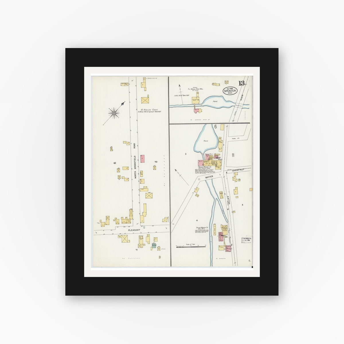 Old map wall art mockup — black gallery frame with white mat — Sanborn Fire Insurance Map from Spencer, Worcester County, Massachusetts (1906), Sheet #0013
