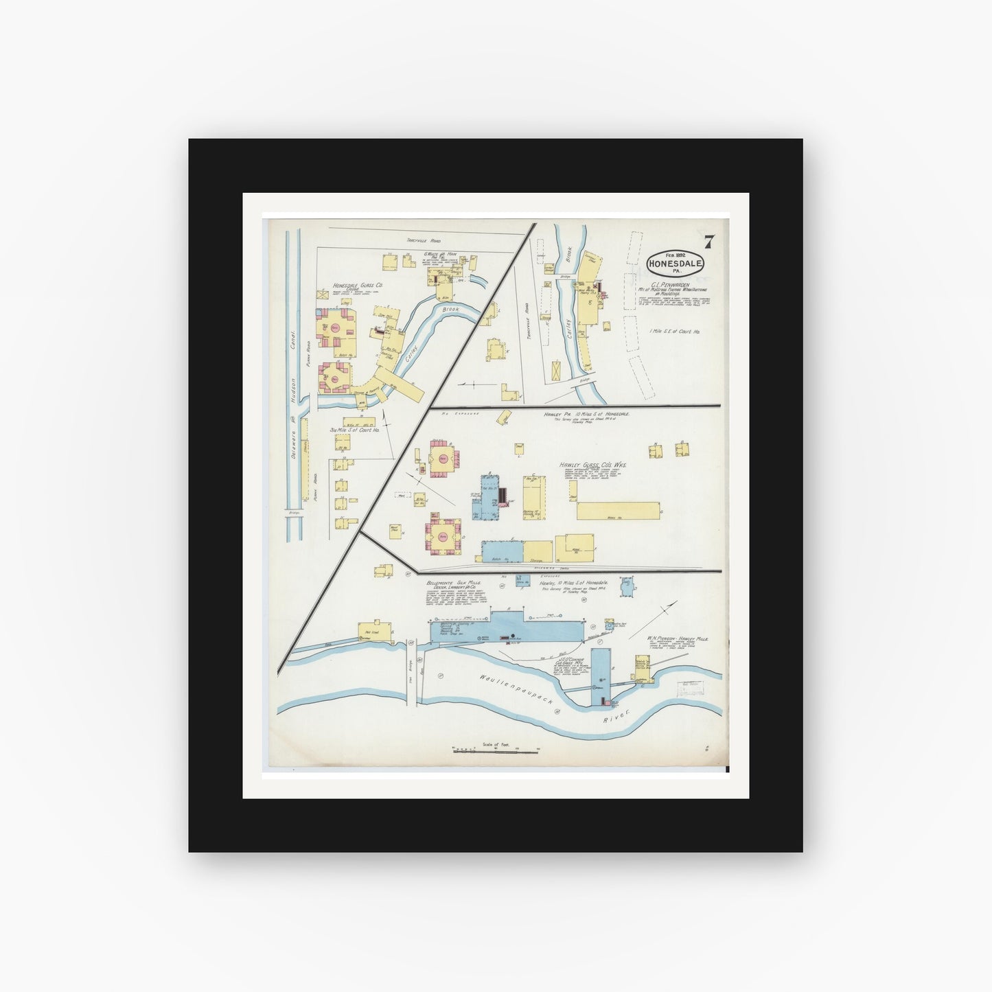 Old map wall art mockup — black gallery frame with white mat — Sanborn Fire Insurance Map from Honesdale, Wayne County, Pennsylvania (1892), Sheet #0007