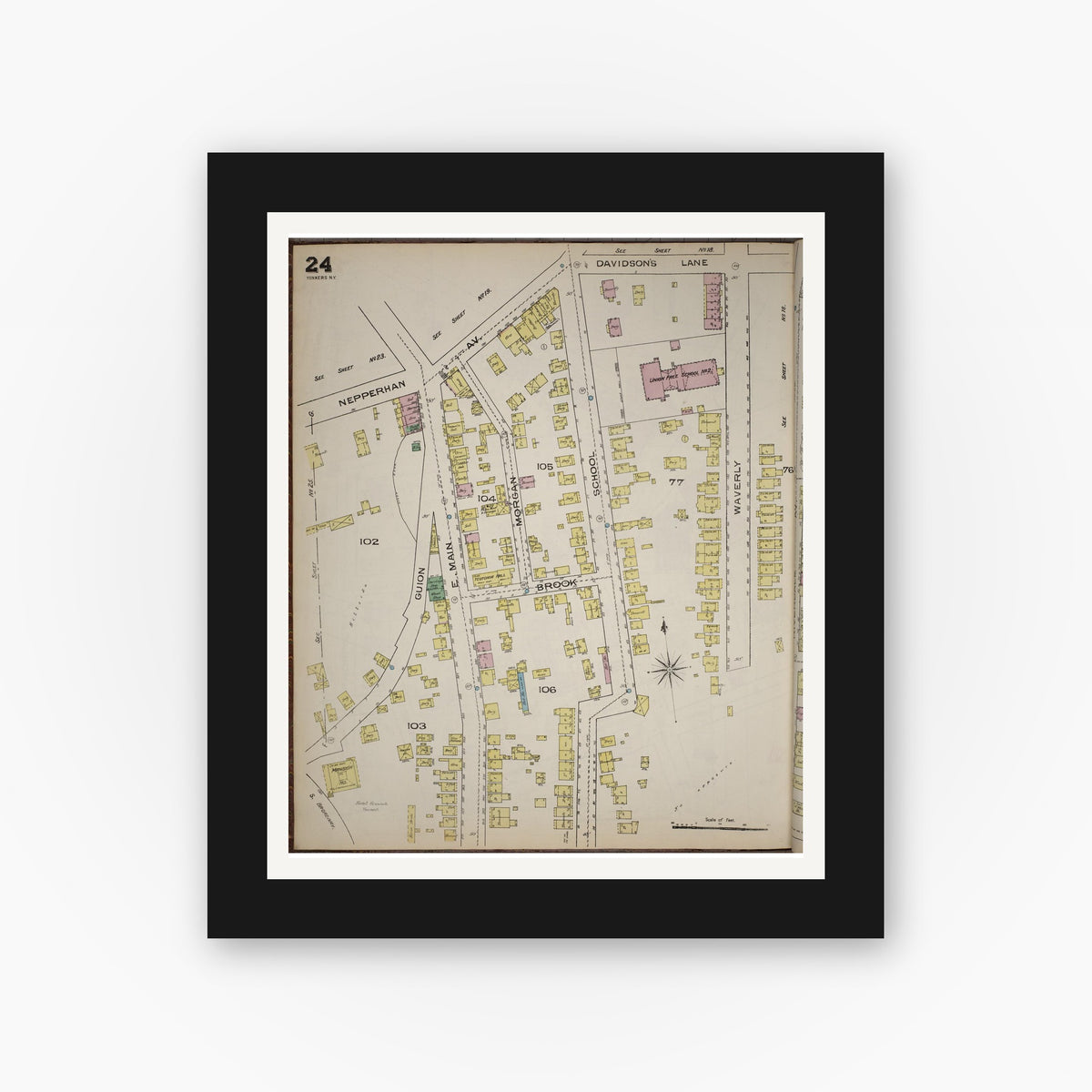 Old map wall art mockup — black gallery frame with white mat — Sanborn Fire Insurance Map from Yonkers, Westchester County, New York (1886), Sheet #0024