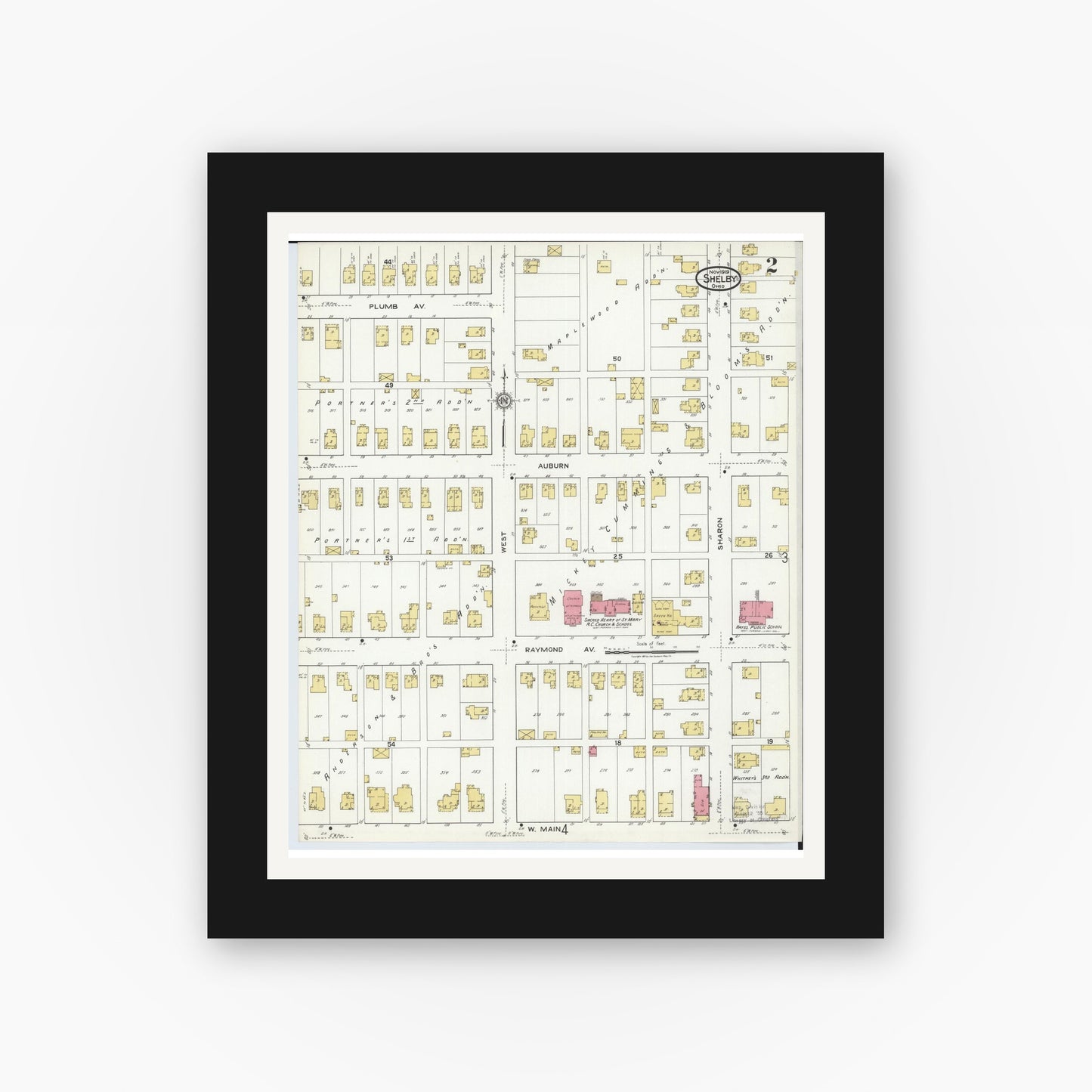 Old map wall art mockup — black gallery frame with white mat — Sanborn Fire Insurance Map from Shelby, Richland County, Ohio (1919), Sheet #0002