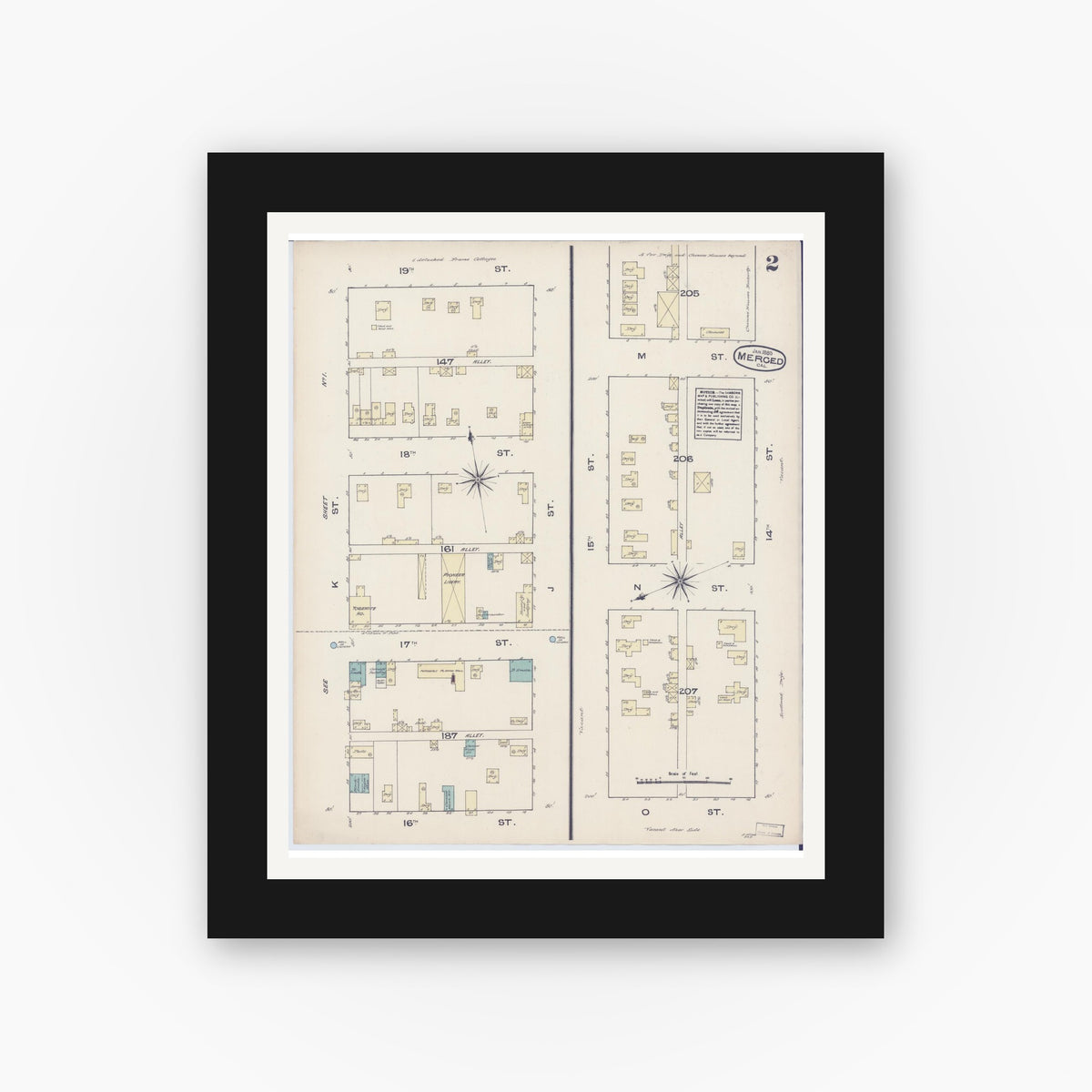 Old map wall art mockup — black gallery frame with white mat — Sanborn Fire Insurance Map from Merced, Merced County, California (1885), Sheet #0002