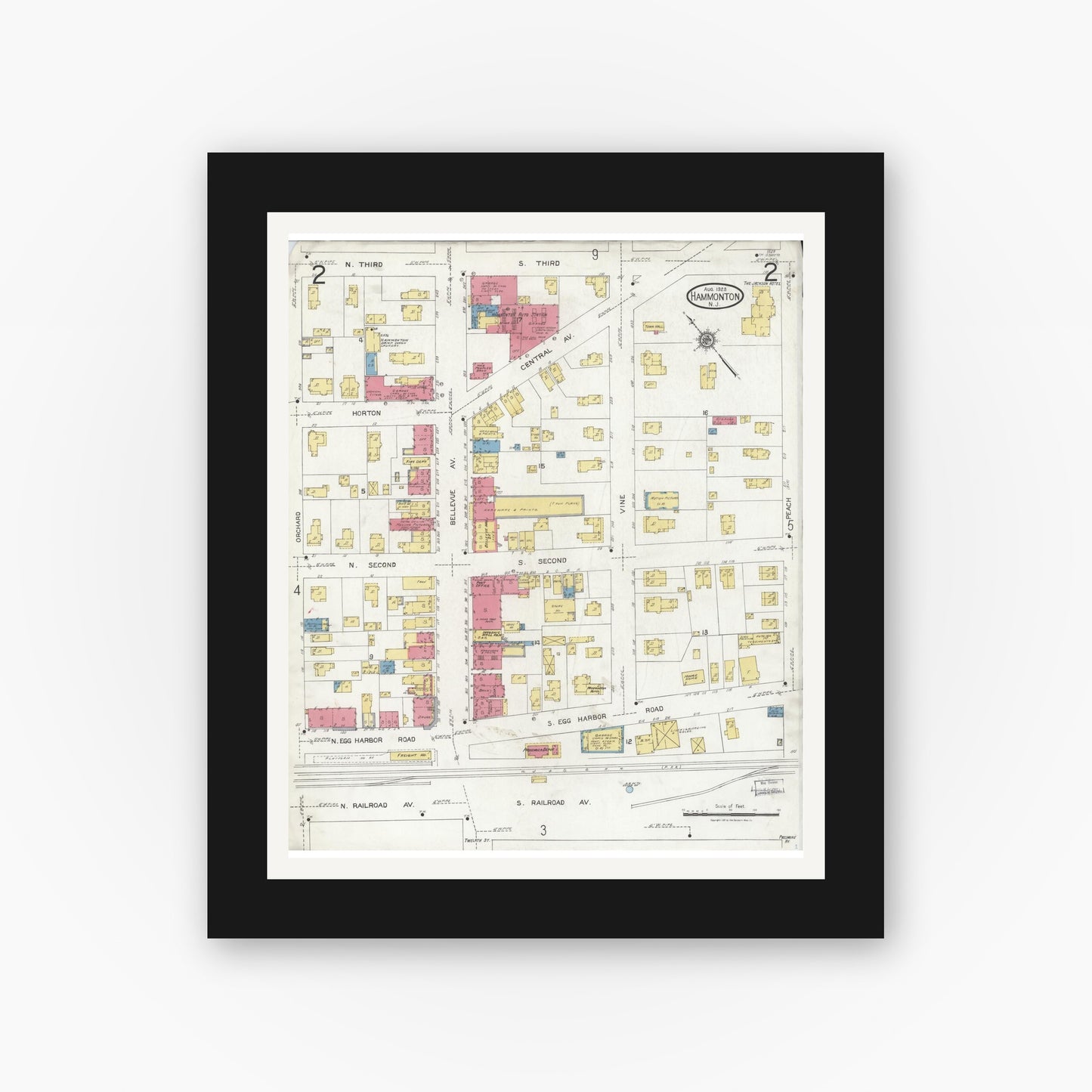 Old map wall art mockup — black gallery frame with white mat — Sanborn Fire Insurance Map from Hammonton, Atlantic County, New Jersey (1923), Sheet #0002