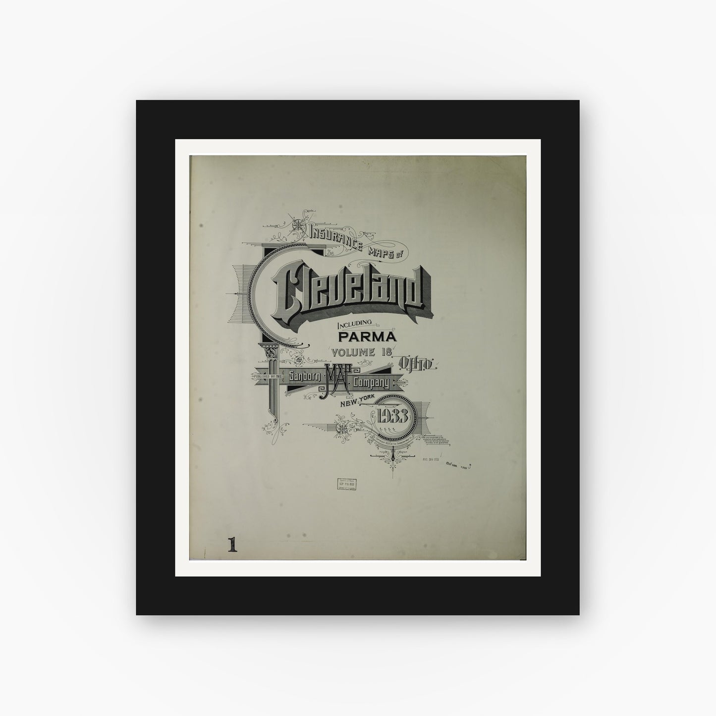 Old map wall art mockup — black gallery frame with white mat — Sanborn Fire Insurance Map from Cleveland, Cuyahoga County, Ohio (1933), Sheet #0001