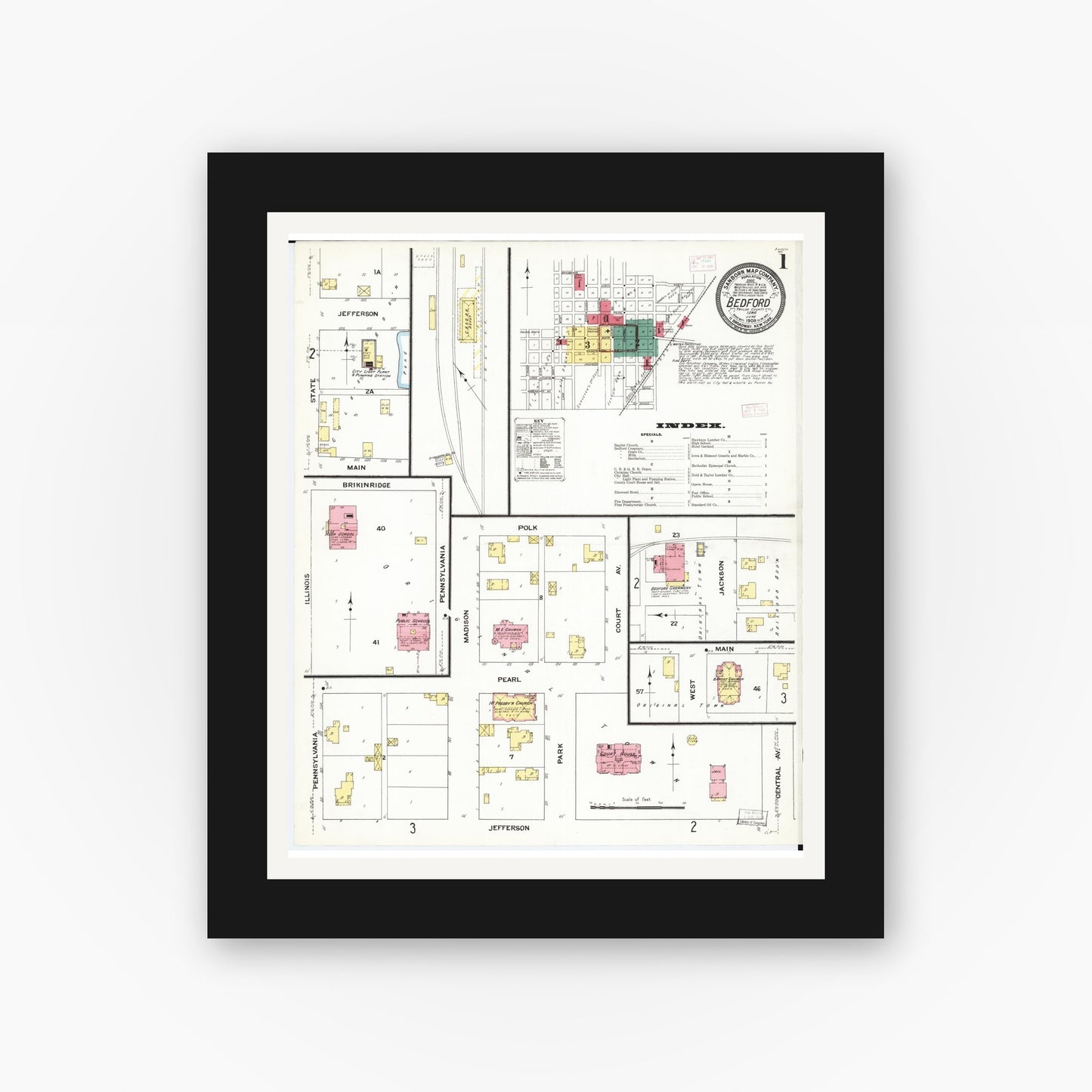 Old map wall art mockup — black gallery frame with white mat — Sanborn Fire Insurance Map from Bedford, Taylor County, Iowa (1909) — Complete Set