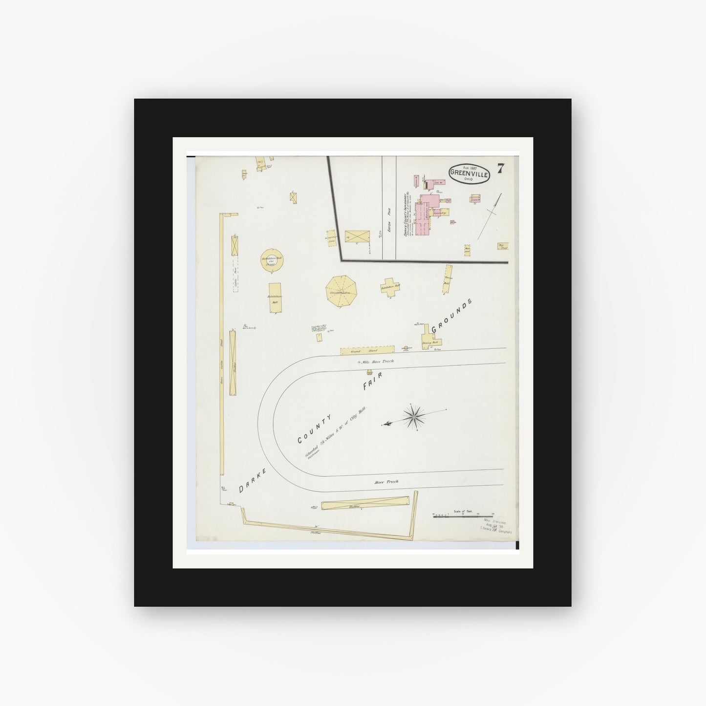 Old map wall art mockup — black gallery frame with white mat — Sanborn Fire Insurance Map from Greenville, Darke County, Ohio (1887), Sheet #0007