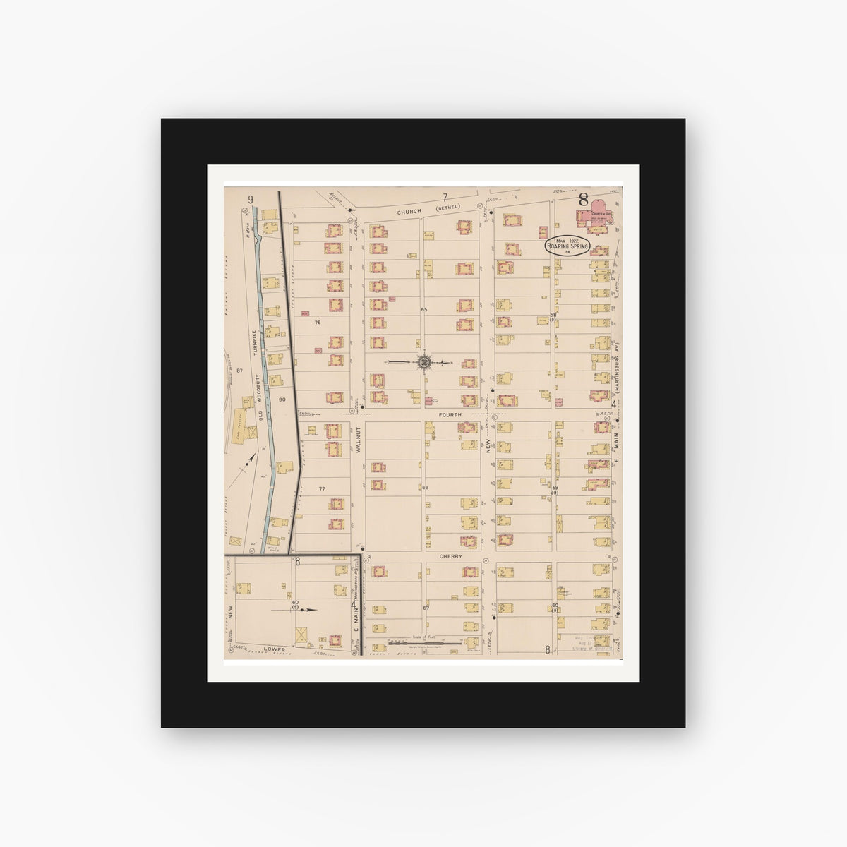 Old map wall art mockup — black gallery frame with white mat — Sanborn Fire Insurance Map from Roaring Spring, Blair County, Pennsylvania (1922), Sheet #0008