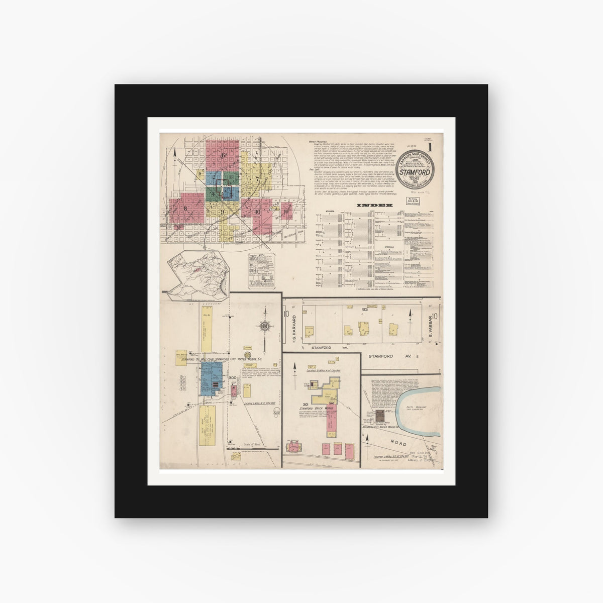 Old map wall art mockup — black gallery frame with white mat — Sanborn Fire Insurance Map from Stamford, Jones County, Texas (1922) - Complete Map Set