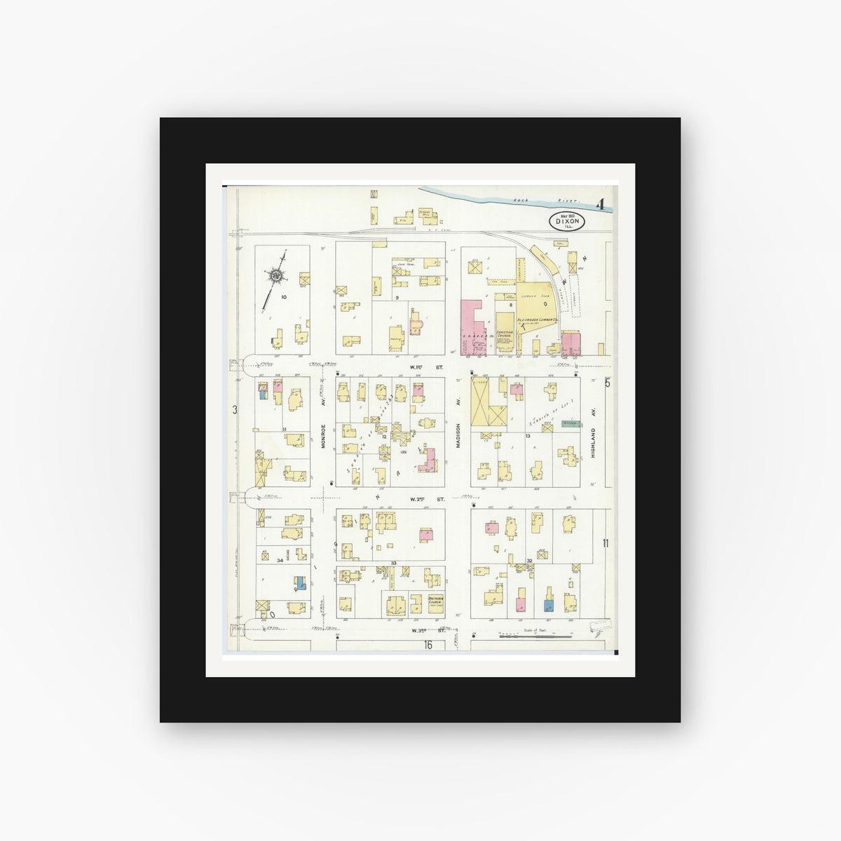 Old map wall art mockup — black gallery frame with white mat — Sanborn Fire Insurance Map from Dixon, Lee County, Illinois (1910), Sheet #0004