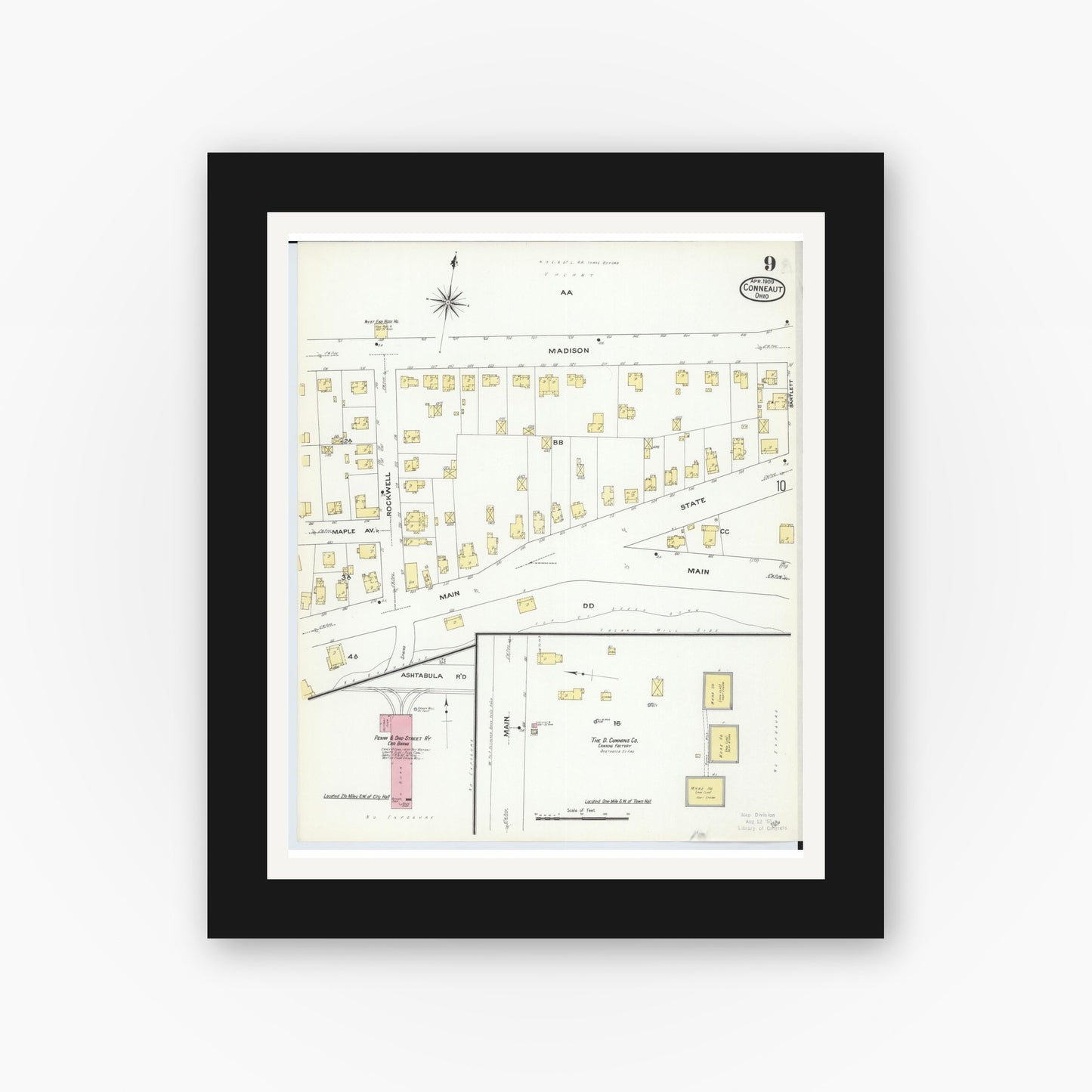 Old map wall art mockup — black gallery frame with white mat — Sanborn Fire Insurance Map from Conneaut, Ashtabula County, Ohio (1909), Sheet #0009