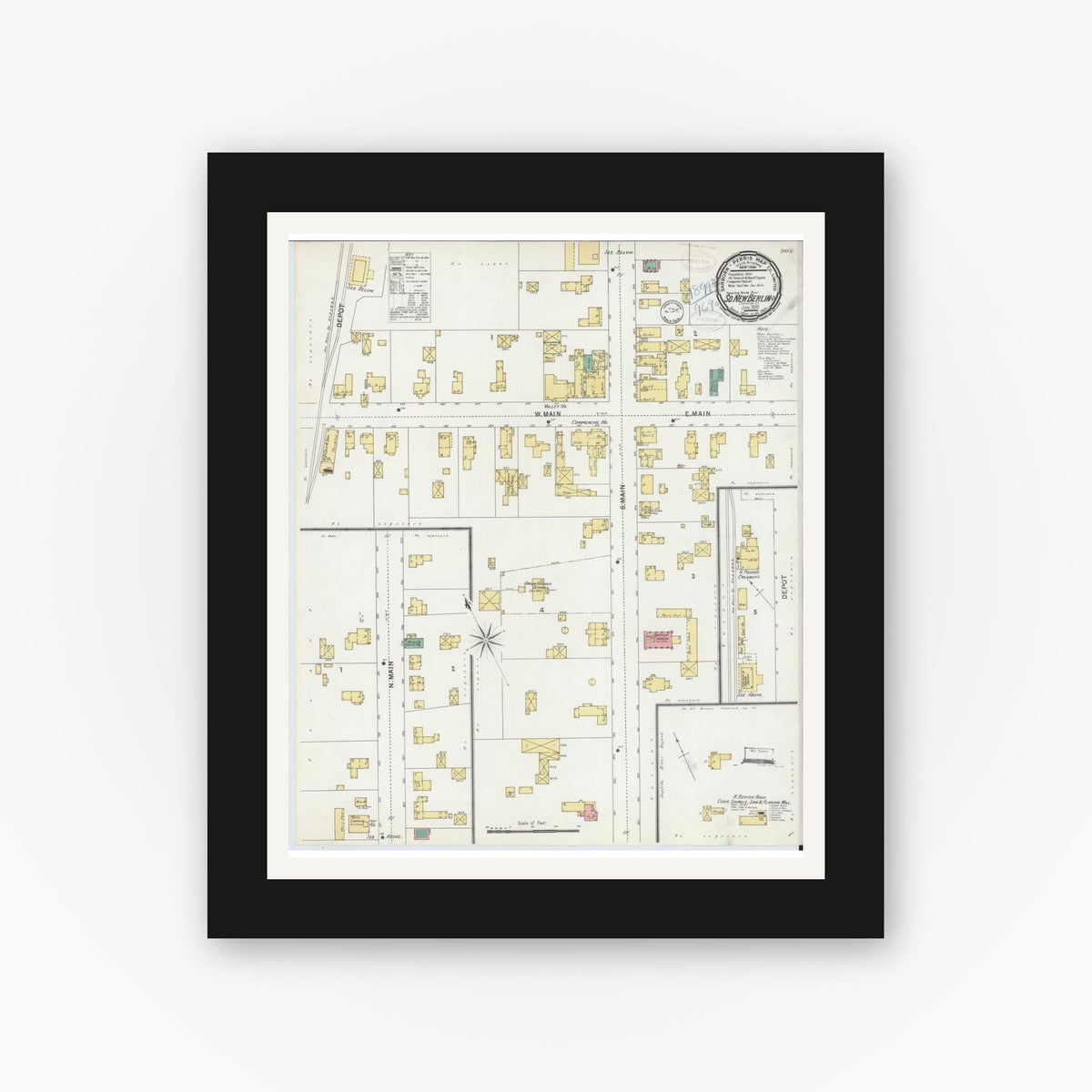 Old map wall art mockup — black gallery frame with white mat — Sanborn Fire Insurance Map from South New Berlin, Chenango County, New York (1899), Sheet #0001