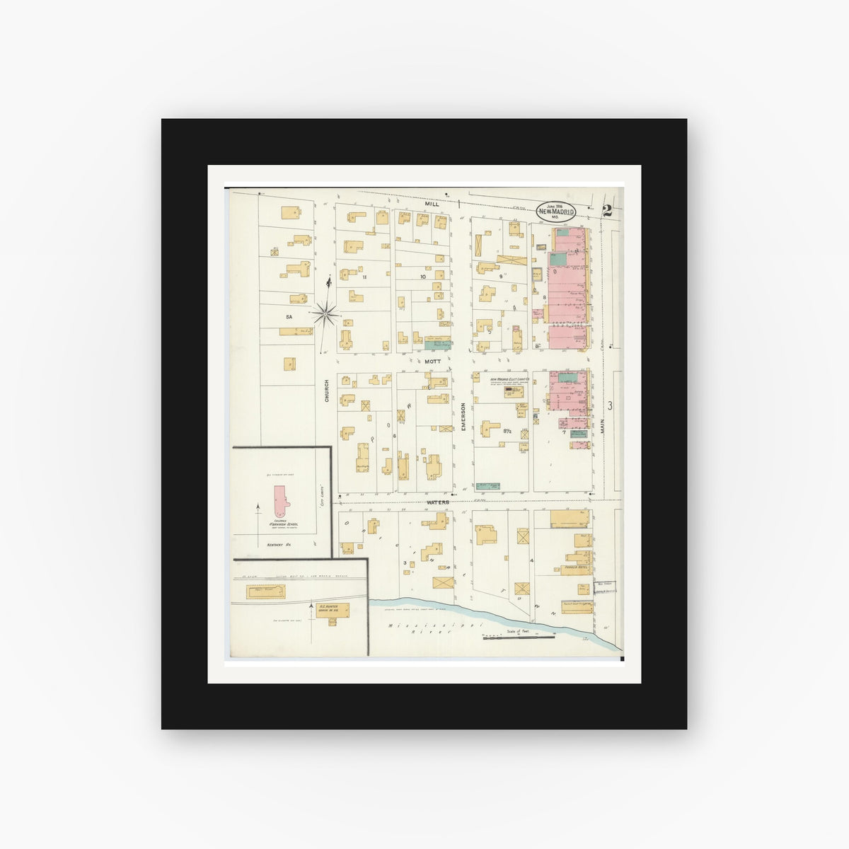 Old map wall art mockup — black gallery frame with white mat — Sanborn Fire Insurance Map from New Madrid, New Madrid County, Missouri (1906), Sheet #0002