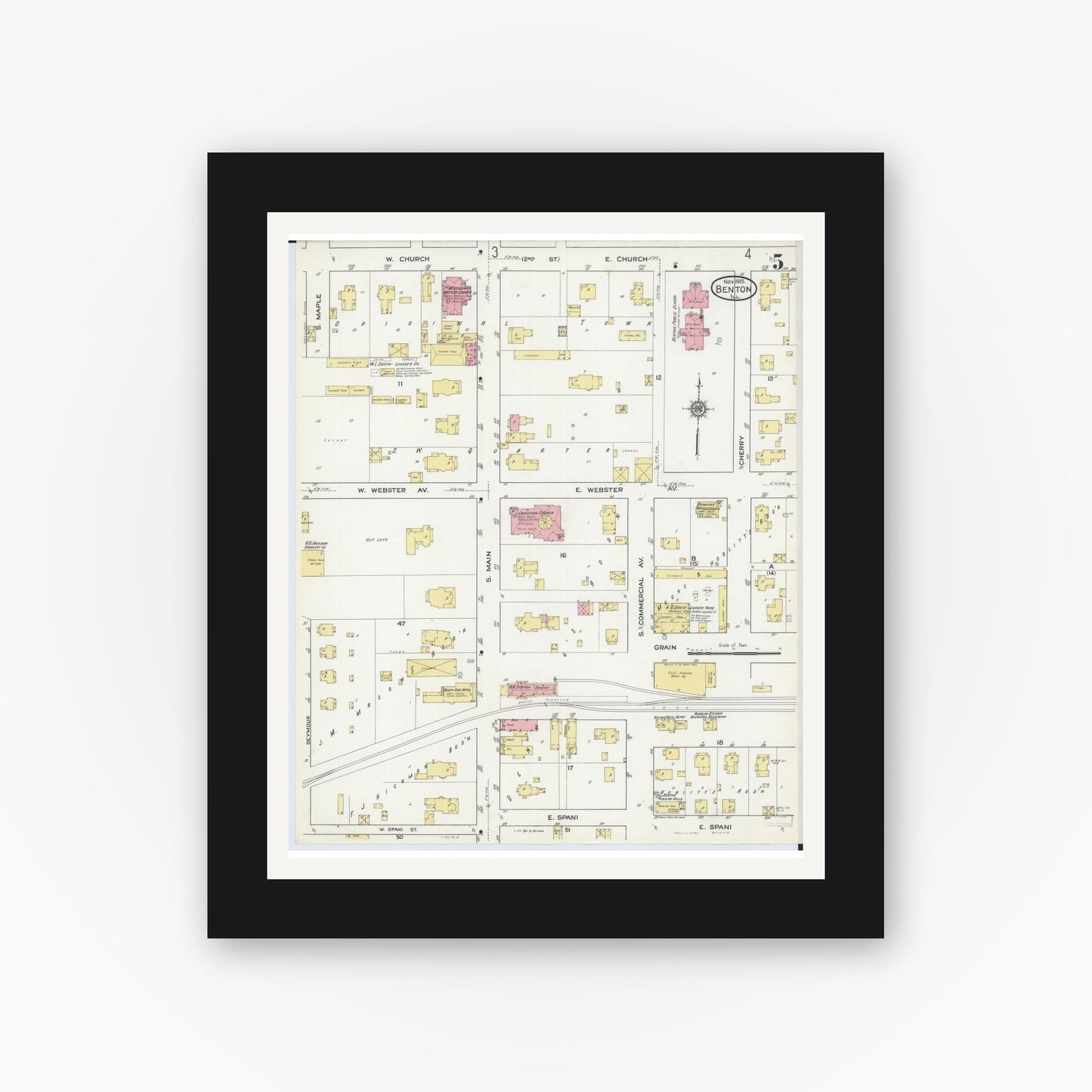 Old map wall art mockup — black gallery frame with white mat — Sanborn Fire Insurance Map from Benton, Franklin County, Illinois (1915), Sheet #0005